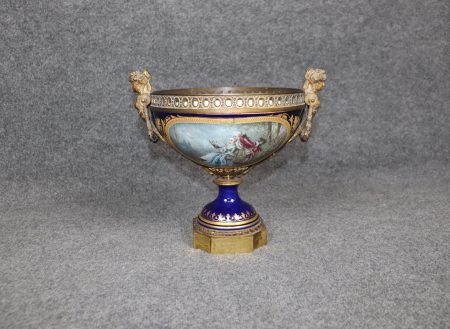 Antique Sevres Royal Blue Ormolu Centerpiece Bowl: 19th Century Porcelain Decor