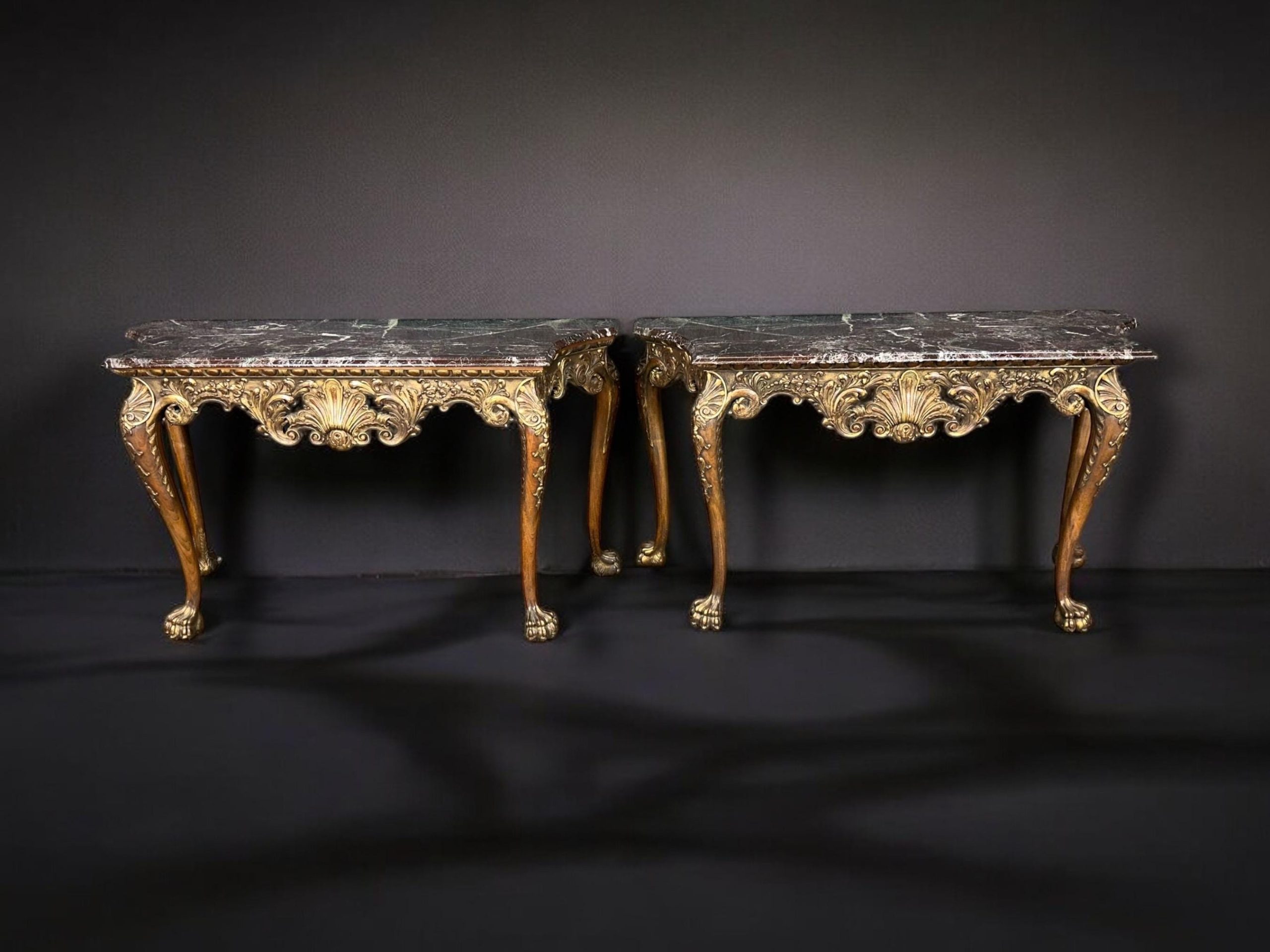 Vintage Carved Georgian Style Marble Top Console Tables - Pair