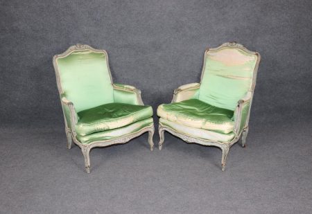 Antique French Louis XV Bergere Chairs: Distressed Paint, 1740-1760