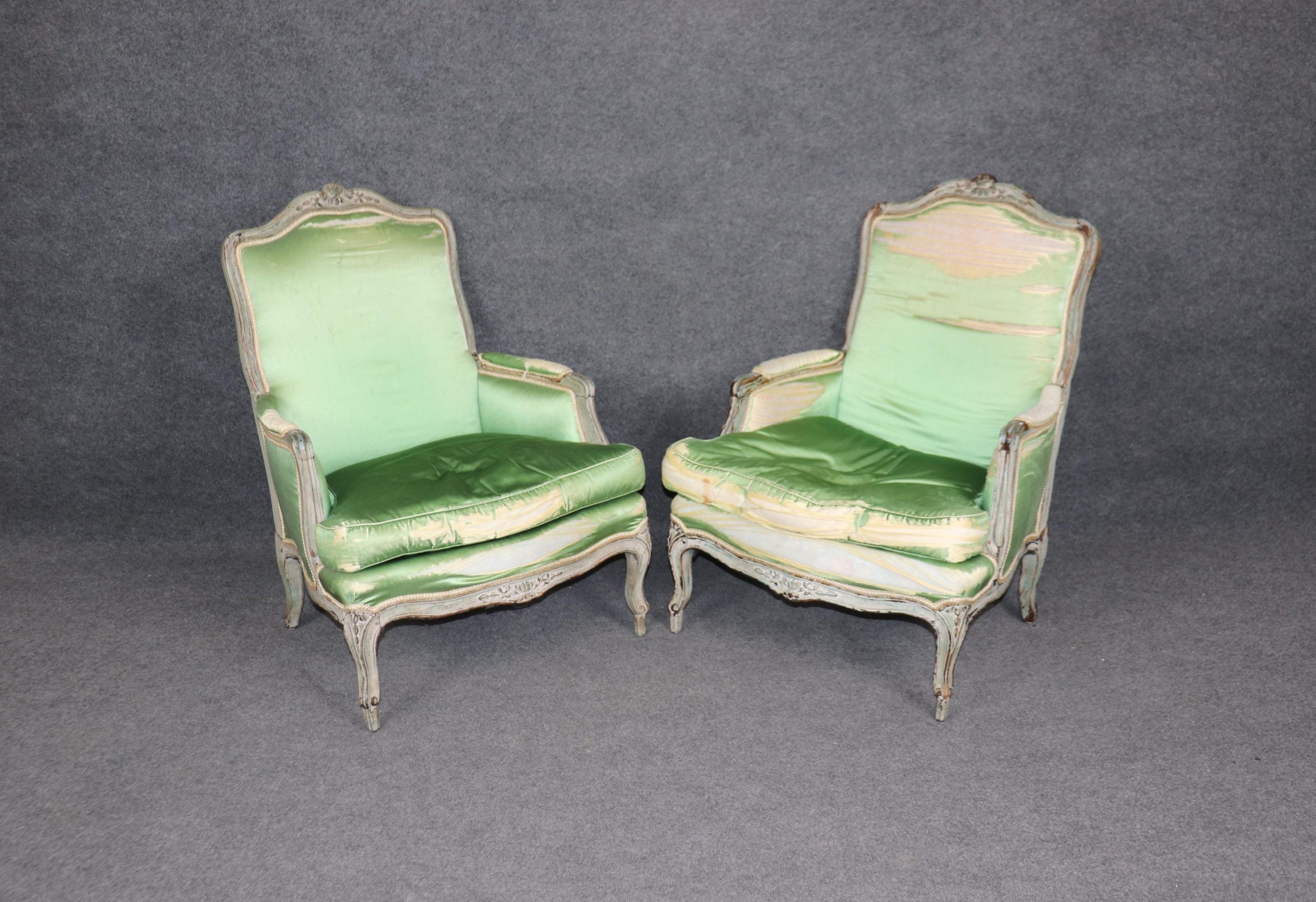 Antique French Louis XV Bergere Chairs: Distressed Paint, 1740-1760