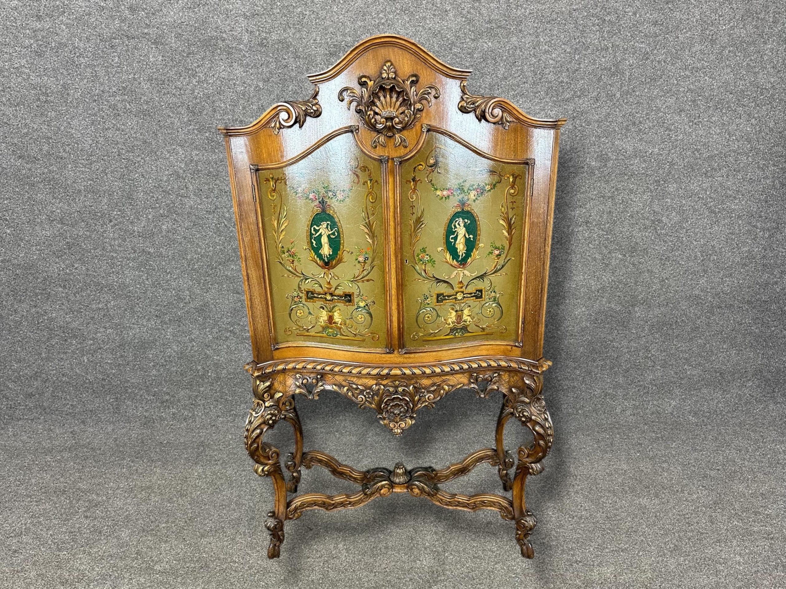 Antique French Carved Oak Bar Cabinet with Adams Paint