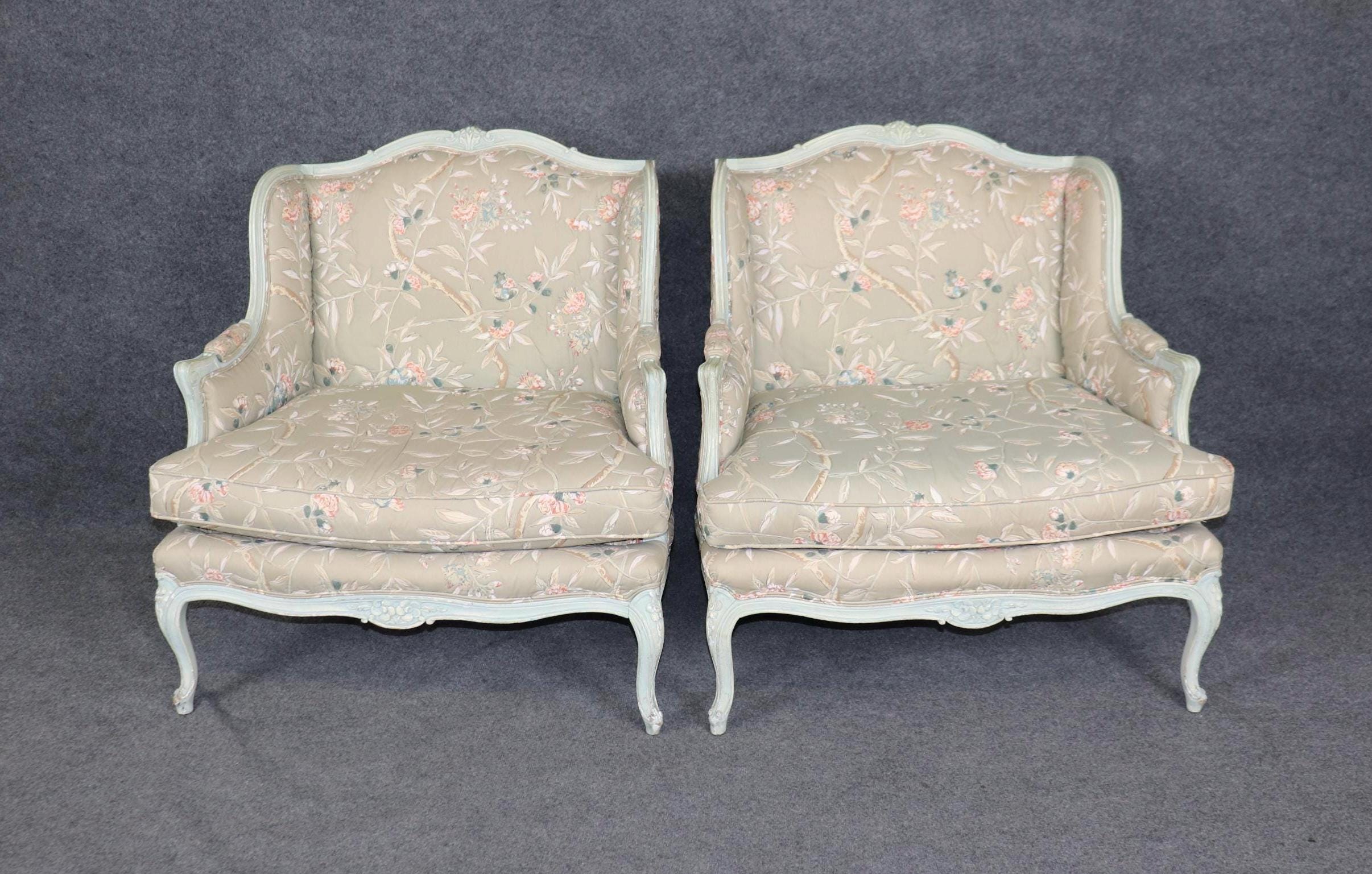 Vintage Louis XV Style Wingback Chairs: Floral Bergere Armchairs, Pair - Image 2