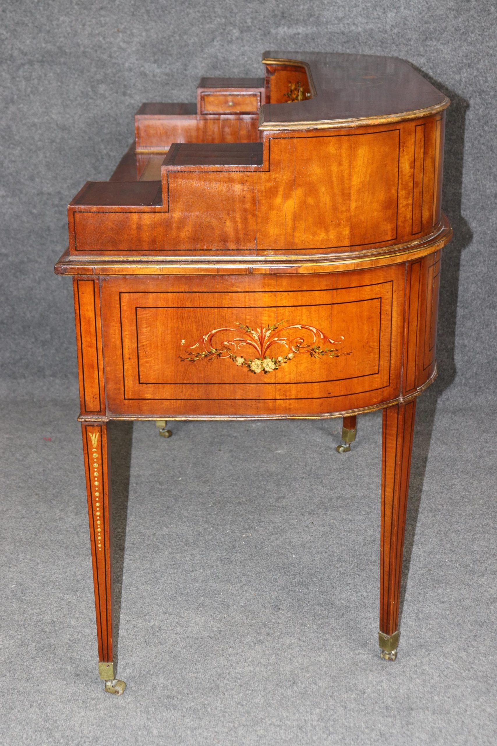 19th Century English Satinwood Carlton House Desk: Adams Style, Painted Floral Decor - Image 3