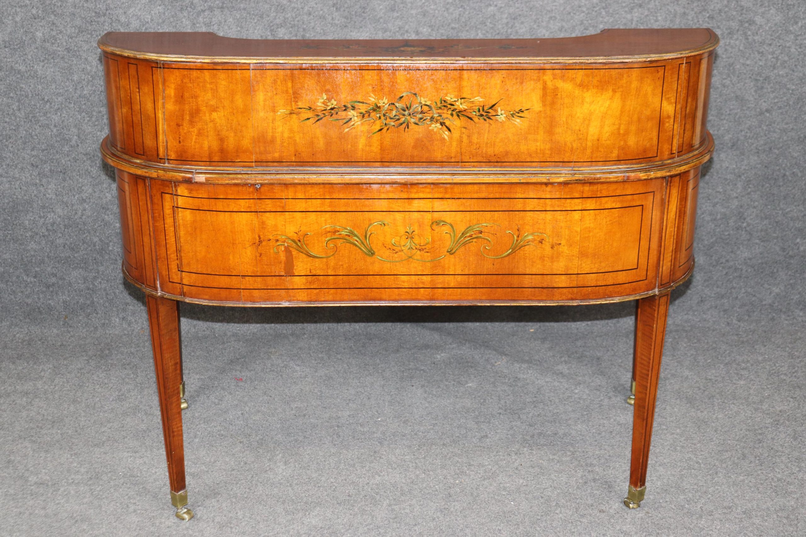19th Century English Satinwood Carlton House Desk: Adams Style, Painted Floral Decor - Image 4
