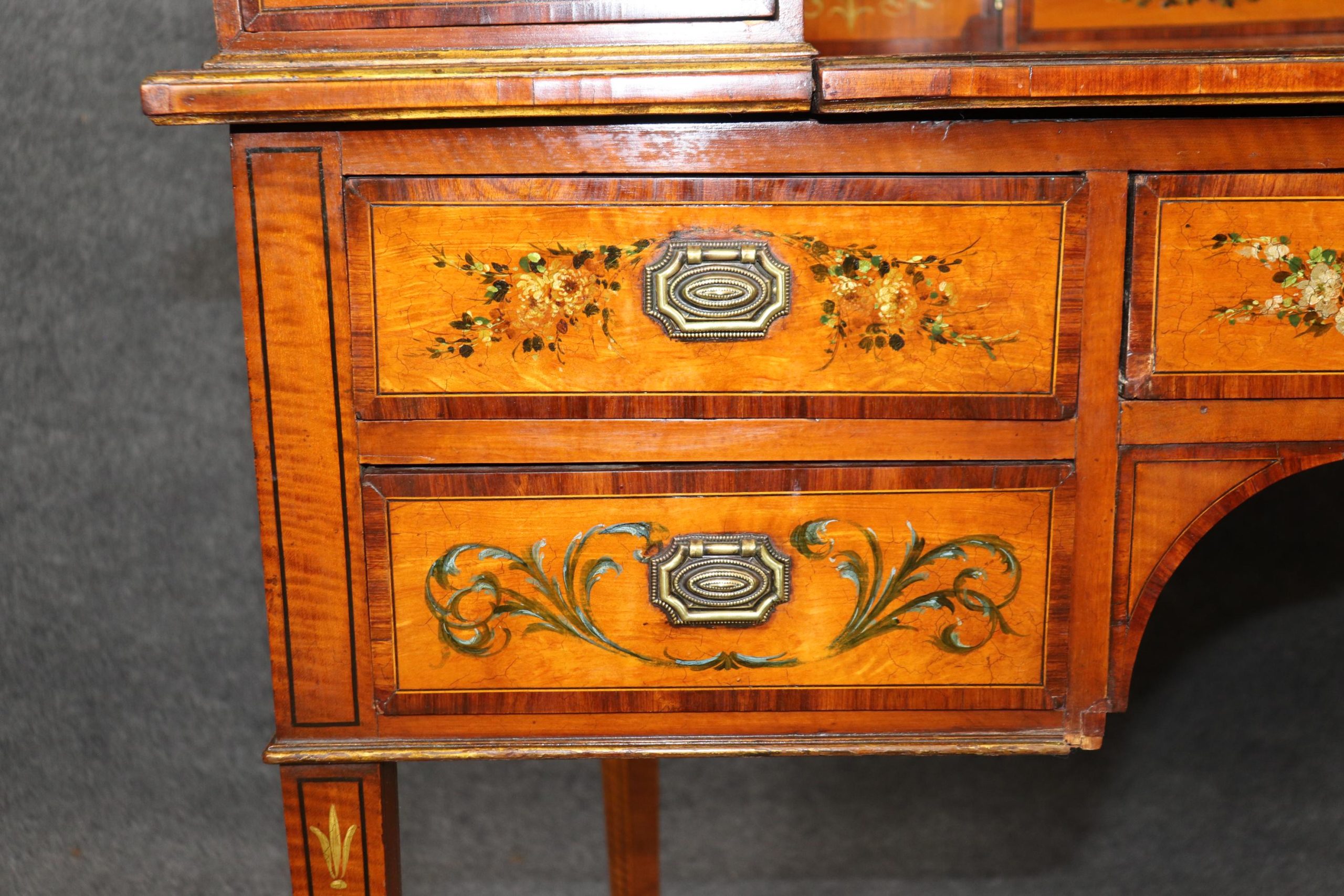 19th Century English Satinwood Carlton House Desk: Adams Style, Painted Floral Decor - Image 7
