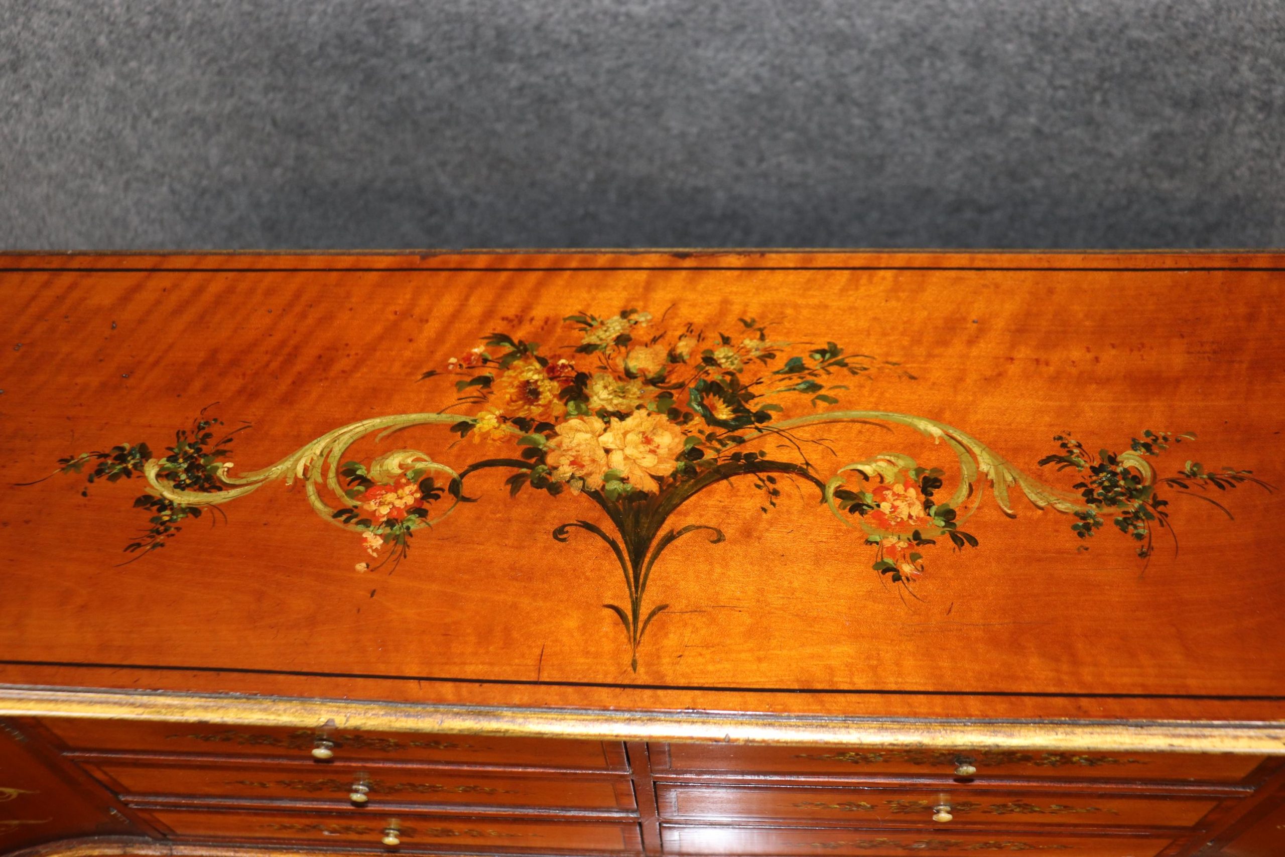 19th Century English Satinwood Carlton House Desk: Adams Style, Painted Floral Decor - Image 8