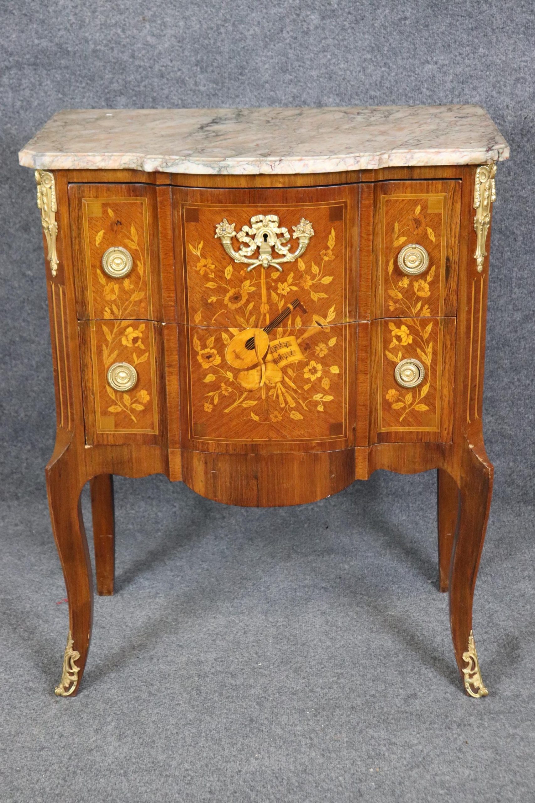 Antique French Louis XV Marble Top Commode: Ormolu Mounted Inlaid Chest - Image 2