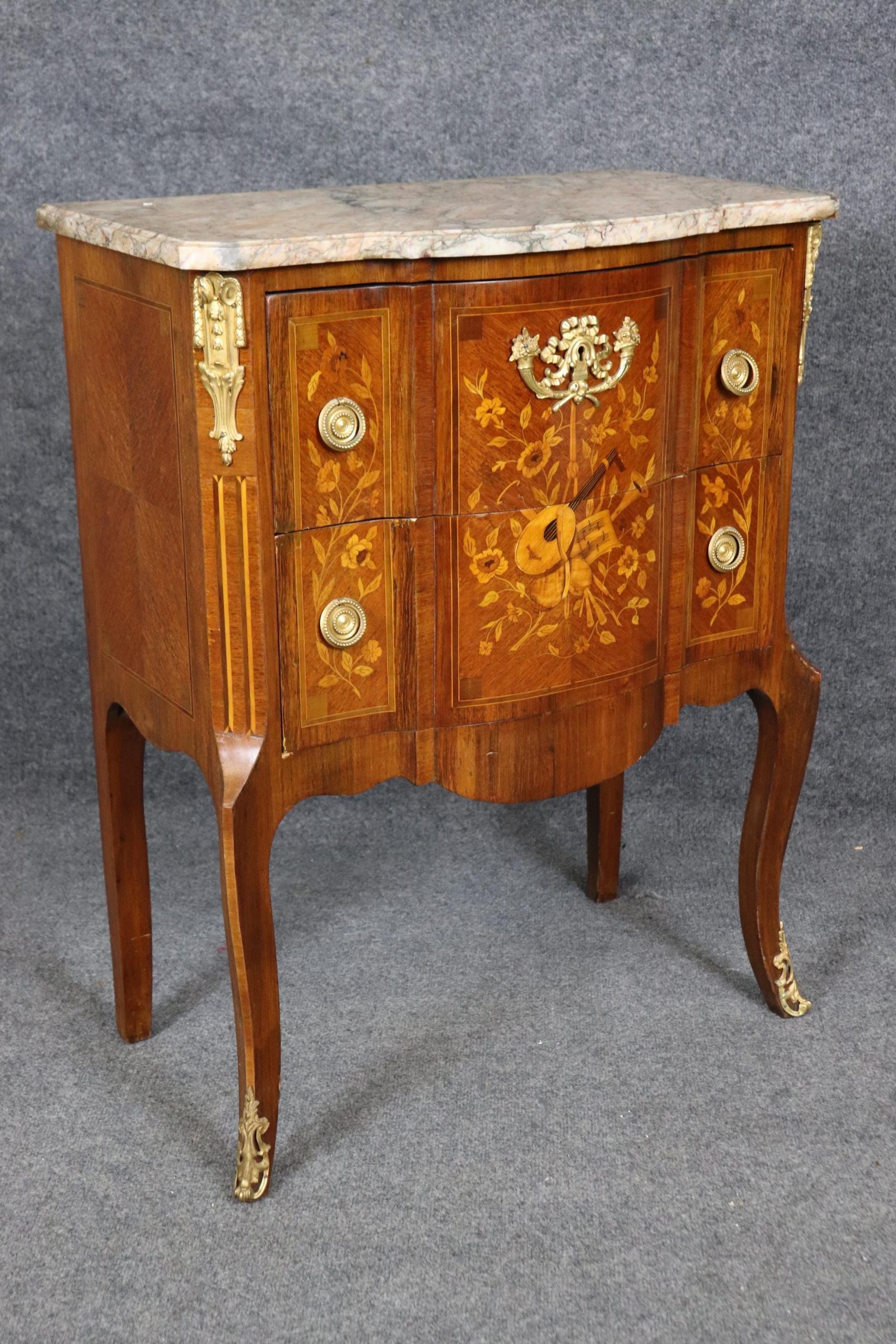 Antique French Louis XV Marble Top Commode: Ormolu Mounted Inlaid Chest - Image 3