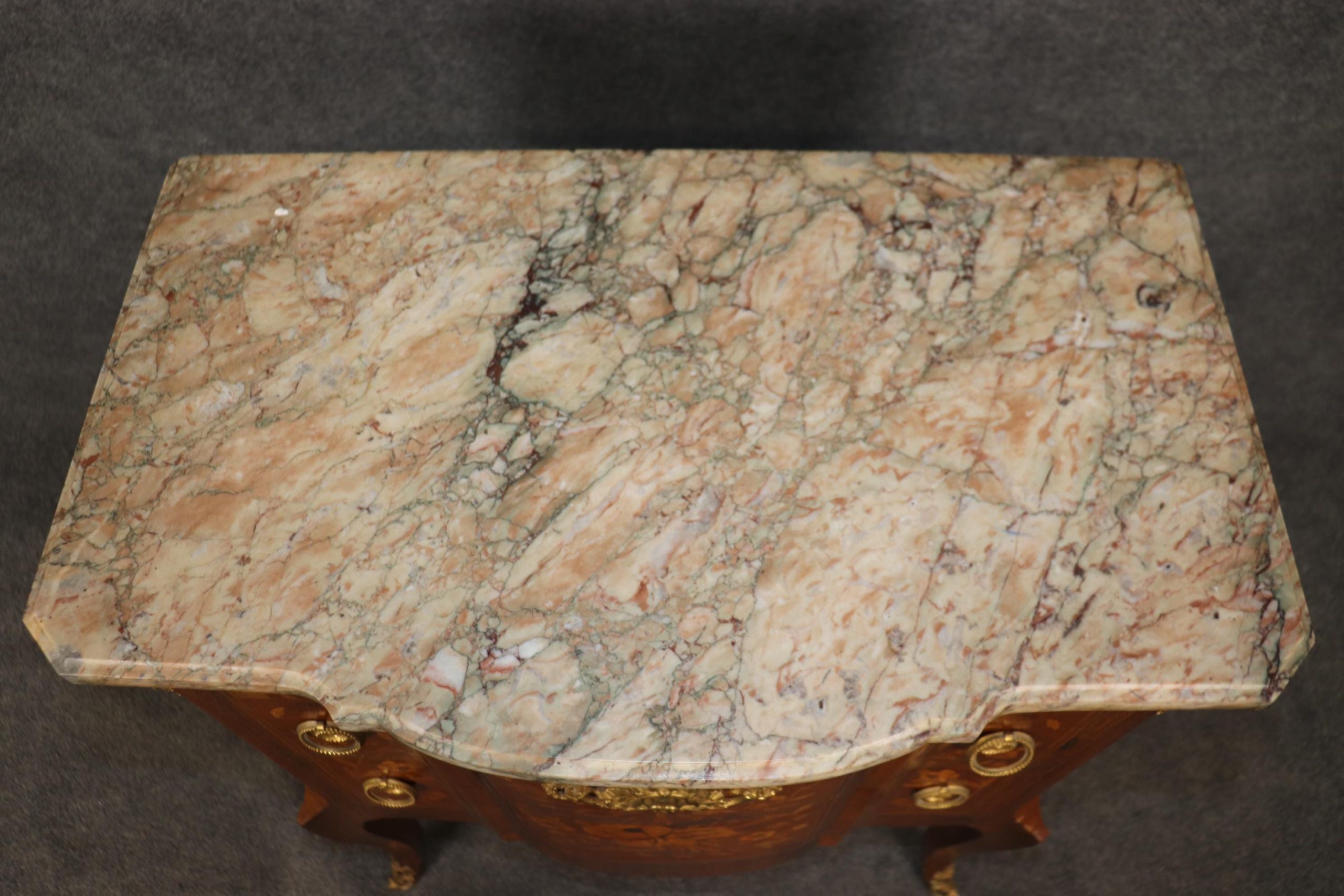 Antique French Louis XV Marble Top Commode: Ormolu Mounted Inlaid Chest - Image 7