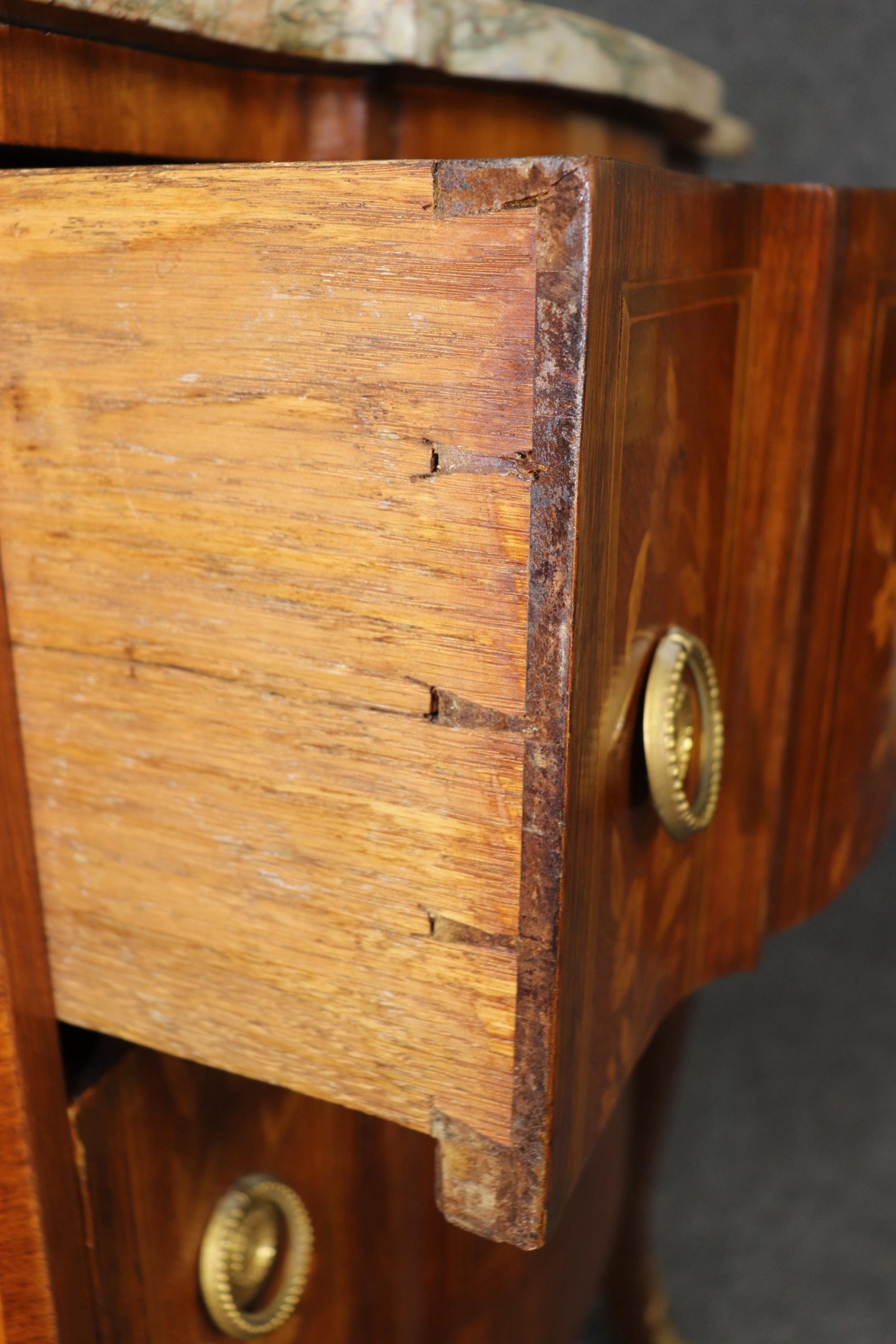 Antique French Louis XV Marble Top Commode: Ormolu Mounted Inlaid Chest - Image 9