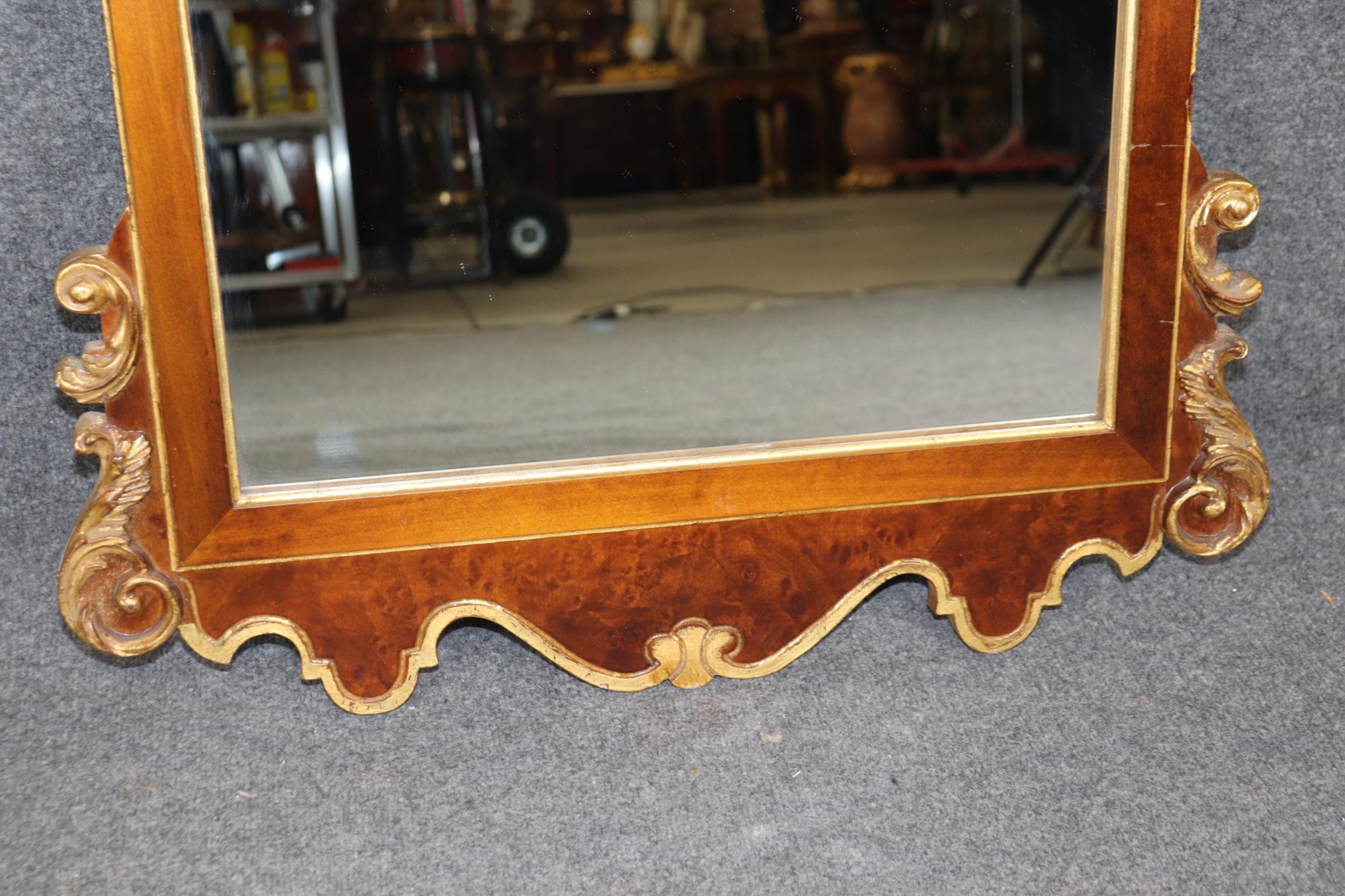 Vintage Italian Burled Walnut Mirror: Carved Gold Gilt Accent Mirror - Image 6