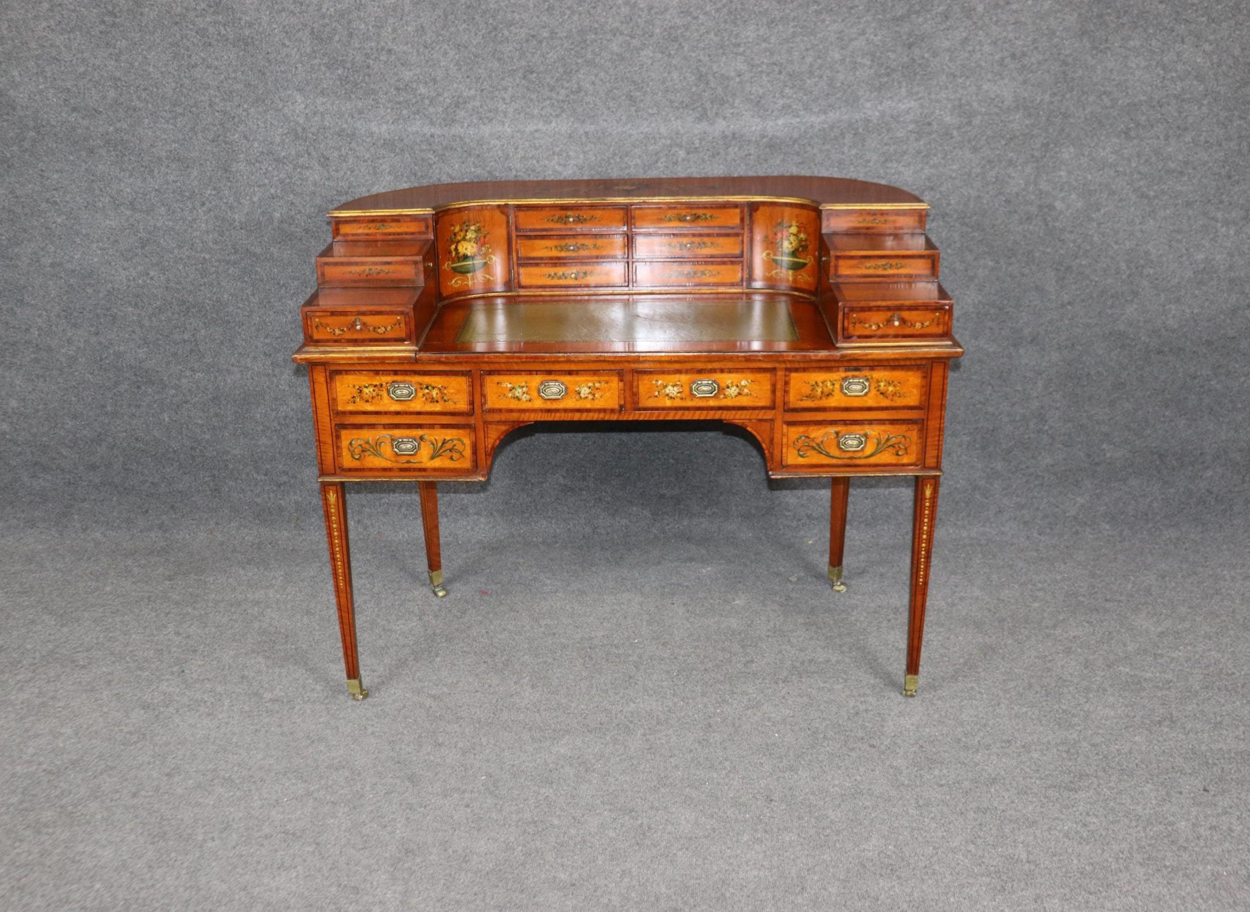 19th Century English Satinwood Carlton House Desk: Adams Style, Painted Floral Decor