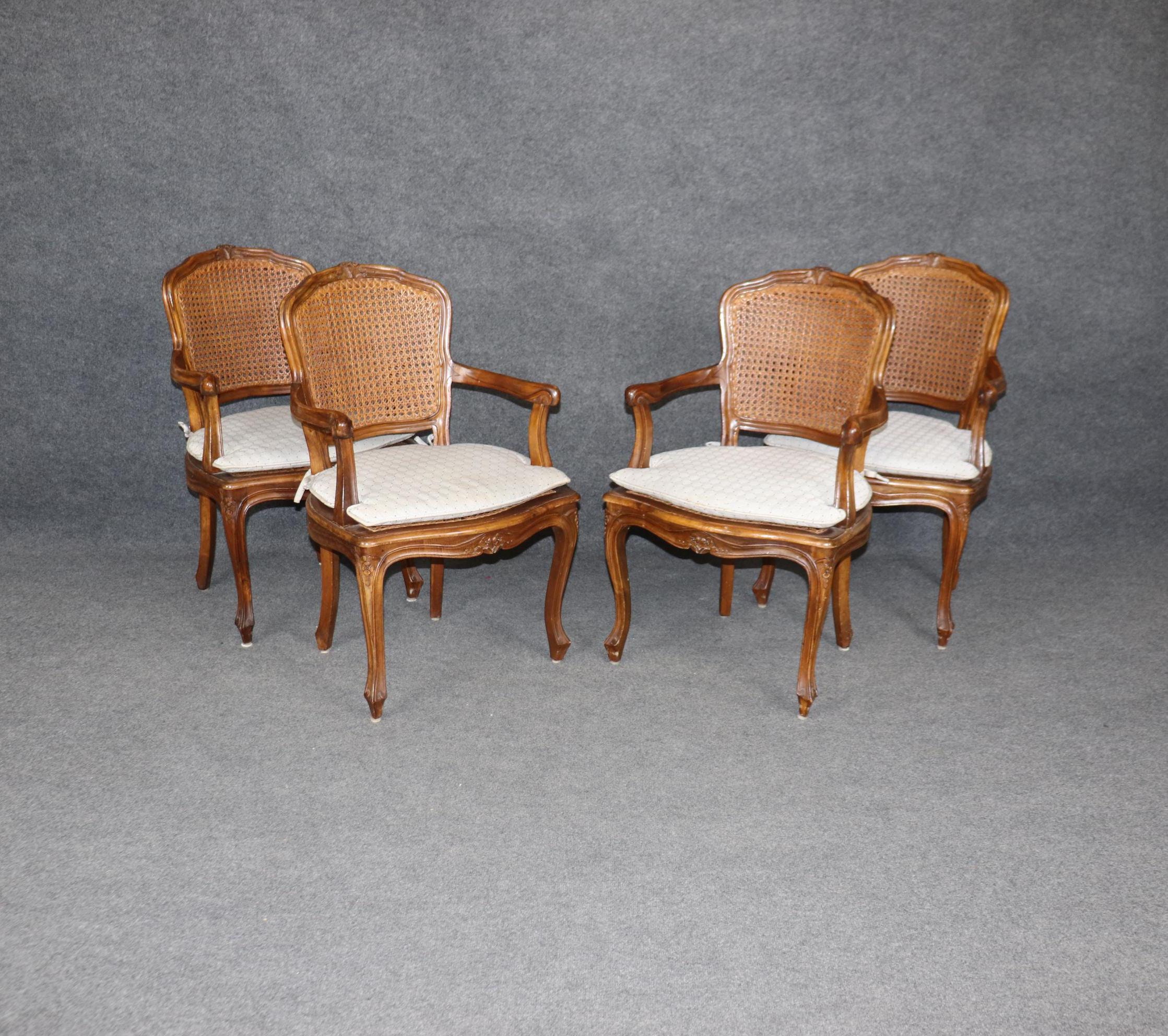 Set of 4 Vintage French Louis XV Style Cane Back Armchairs