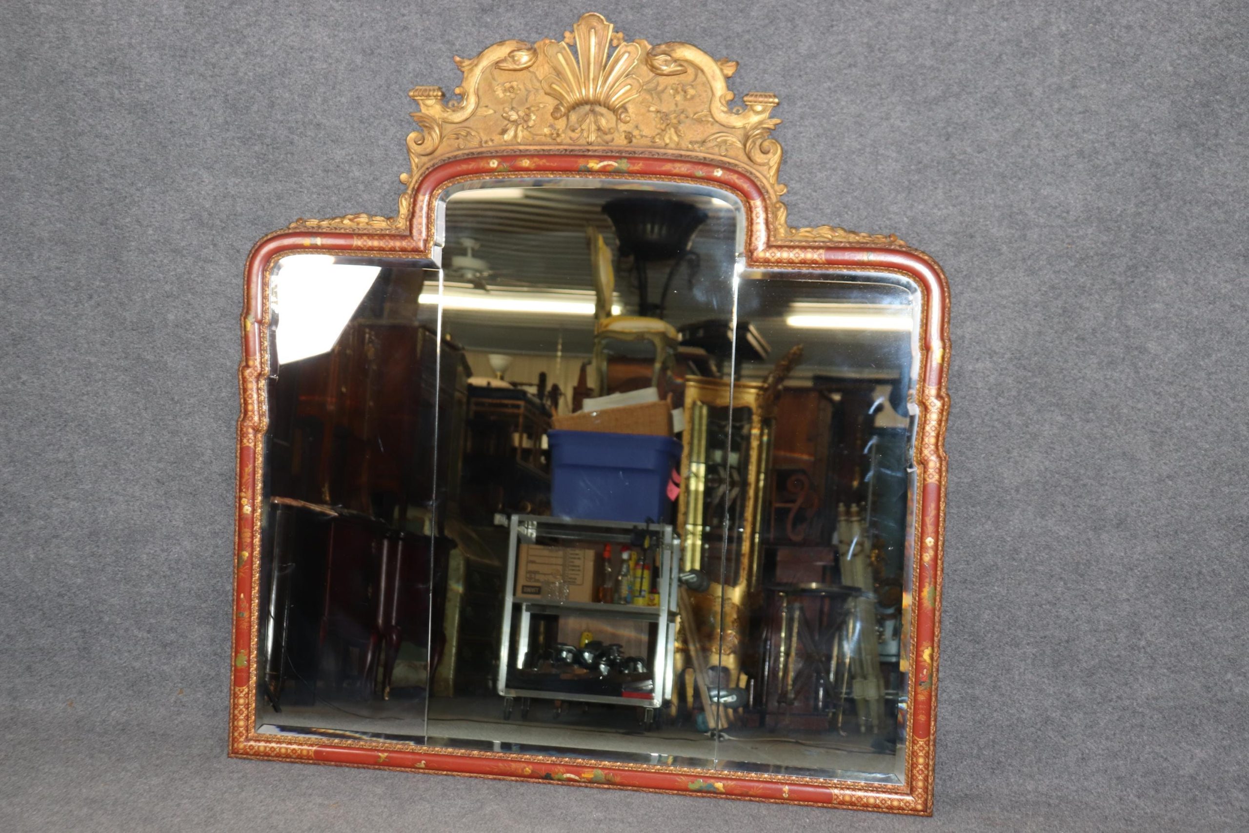 Antique Chinoiserie Red Wall Mirrors: Carved English Pair - Image 2