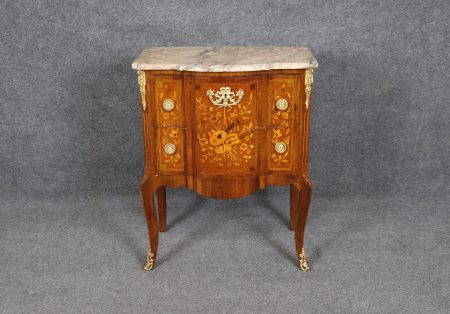 Antique French Louis XV Marble Top Commode: Ormolu Mounted Inlaid Chest
