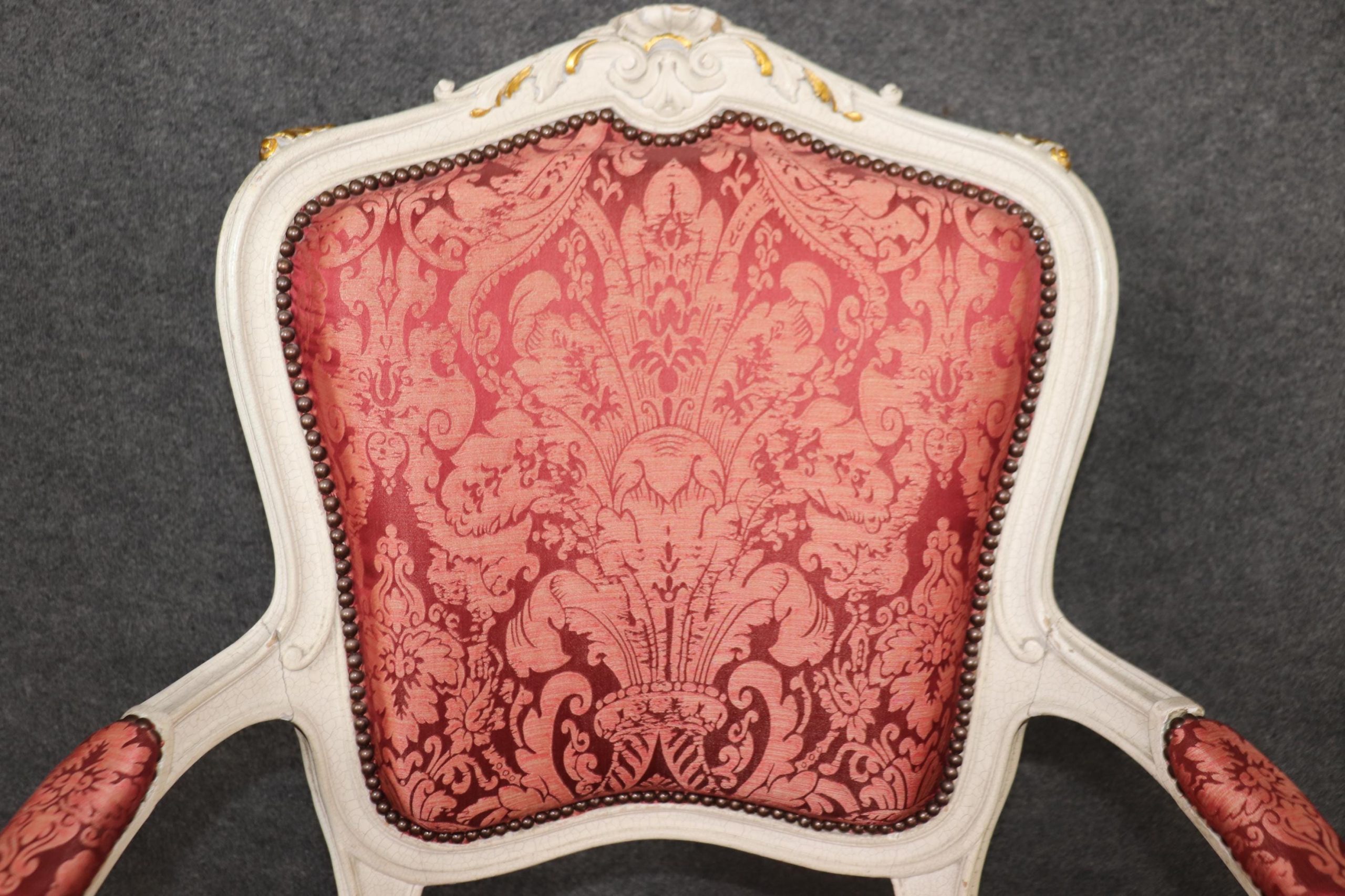 Vintage Louis XV Style Armchairs: Pair of Painted Red Silk Accent Chairs - Image 6