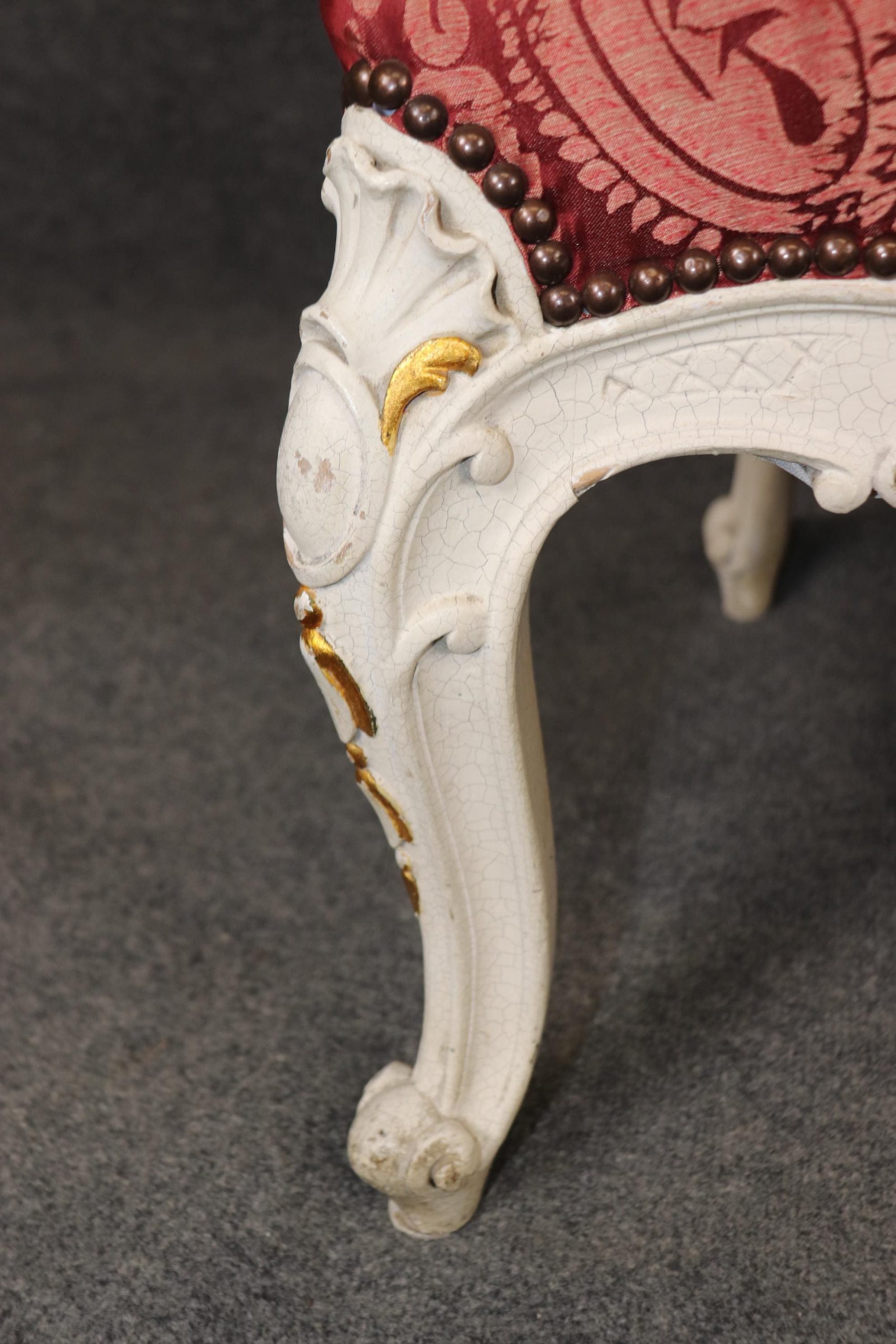 Vintage Louis XV Style Armchairs: Pair of Painted Red Silk Accent Chairs - Image 8