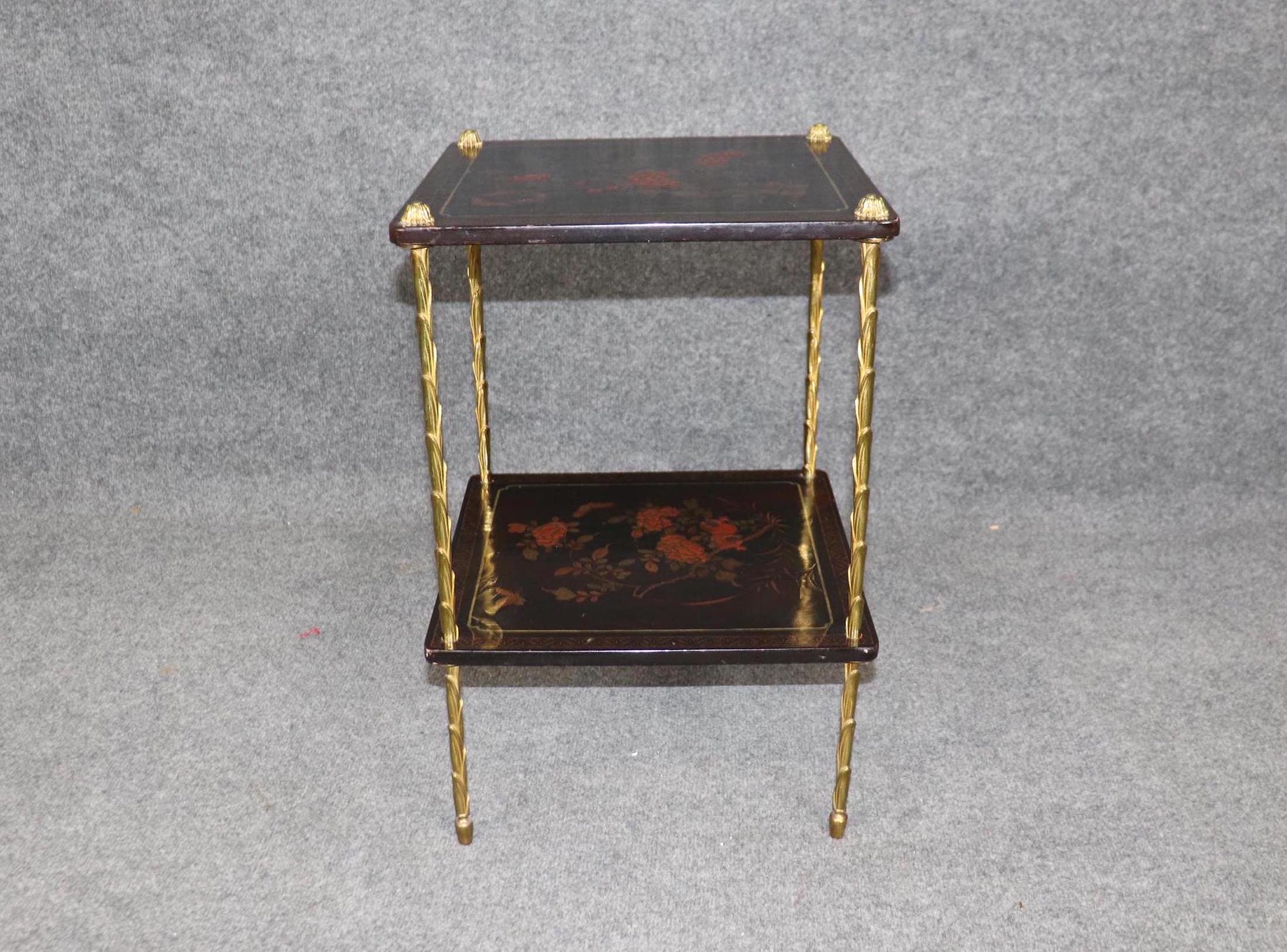 French Directoire Chinoiserie Accent Table: Maison Bagues Brass Two-Tier Side Table