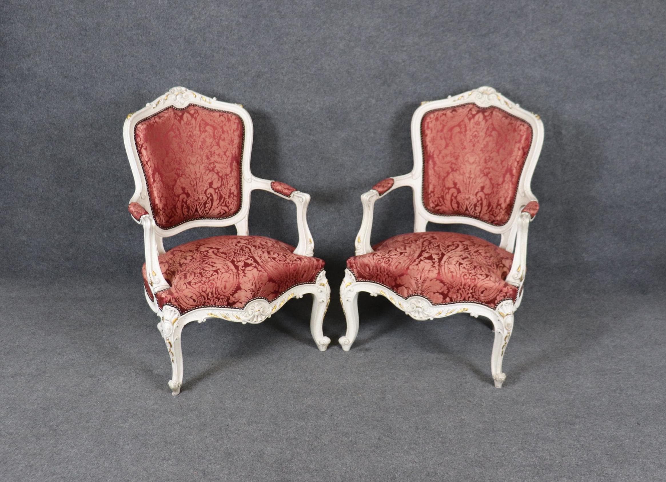 Vintage Louis XV Style Armchairs: Pair of Painted Red Silk Accent Chairs