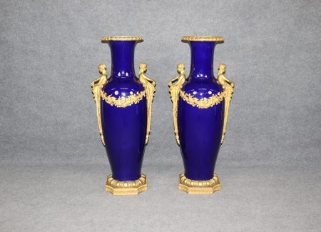 Antique Louis XV Style Blue Porcelain Vases with Bronze Figures, Pair