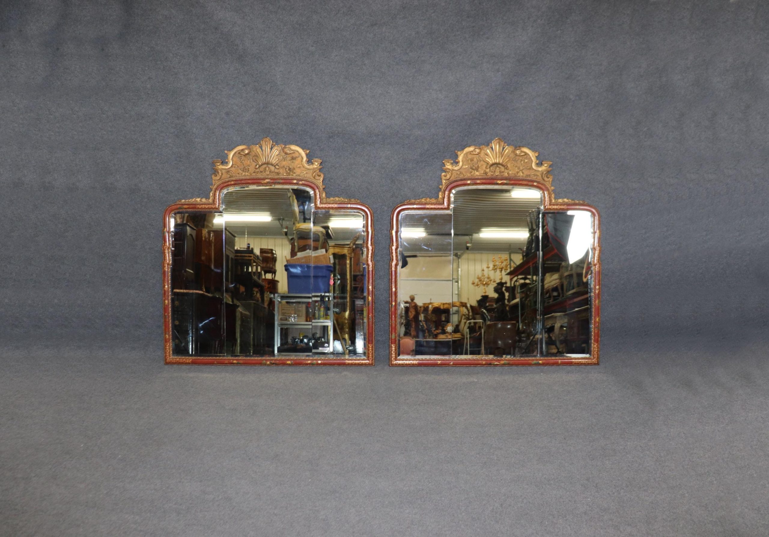 Antique Chinoiserie Red Wall Mirrors: Carved English Pair