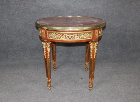 Louis XVI Style Marble Top End Table: Antique Brass Mounted Accent Table