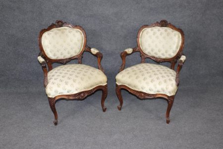 Vintage Louis XV Style Armchairs: Carved Walnut Accent Chairs, Pair