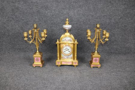 French Ormolu Clock Set: 19th Century Sevres Style Plaques, Raingo Freres