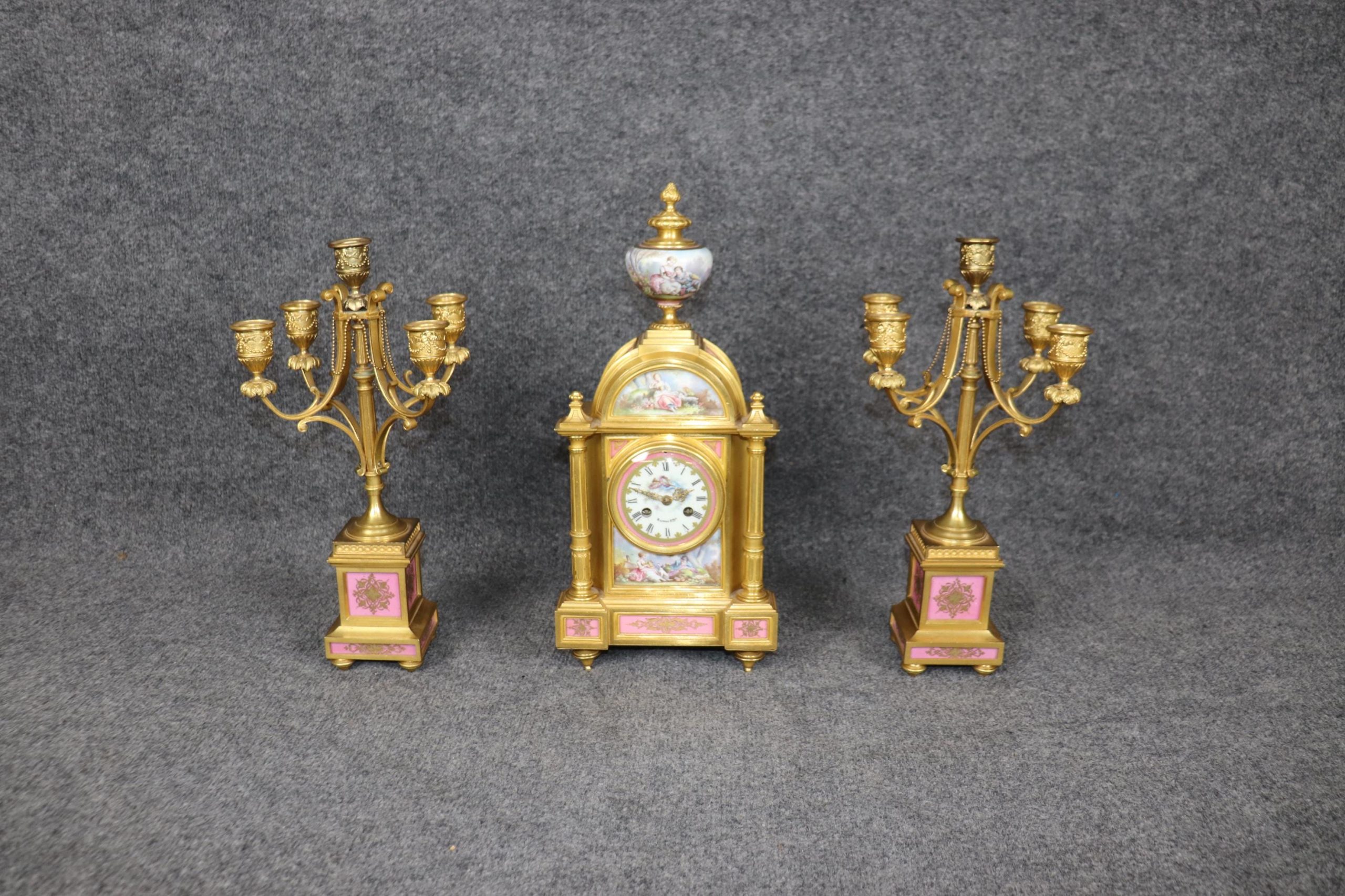 French Ormolu Clock Set: 19th Century Sevres Style Plaques, Raingo Freres