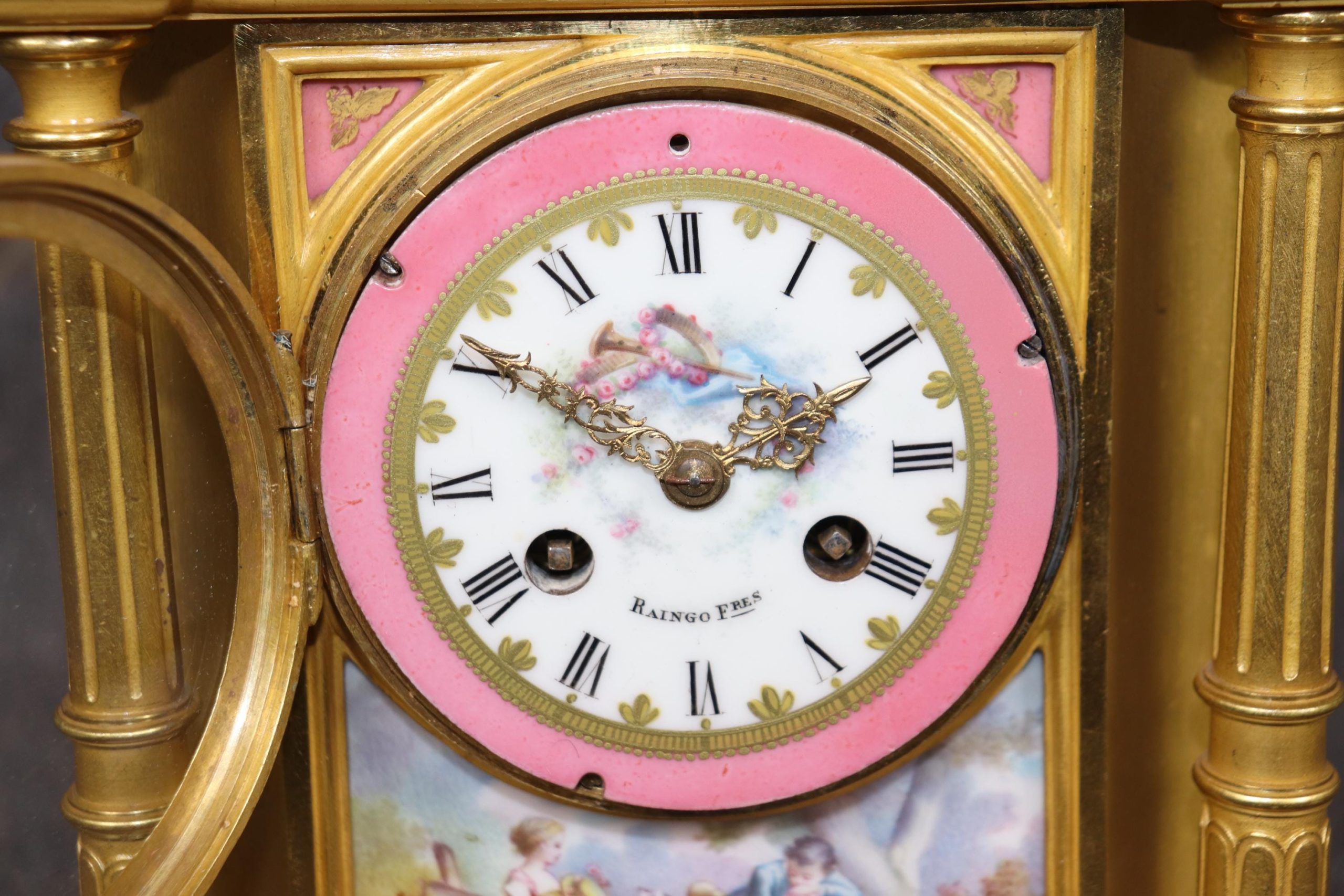 French Ormolu Clock Set: 19th Century Sevres Style Plaques, Raingo Freres - Image 7
