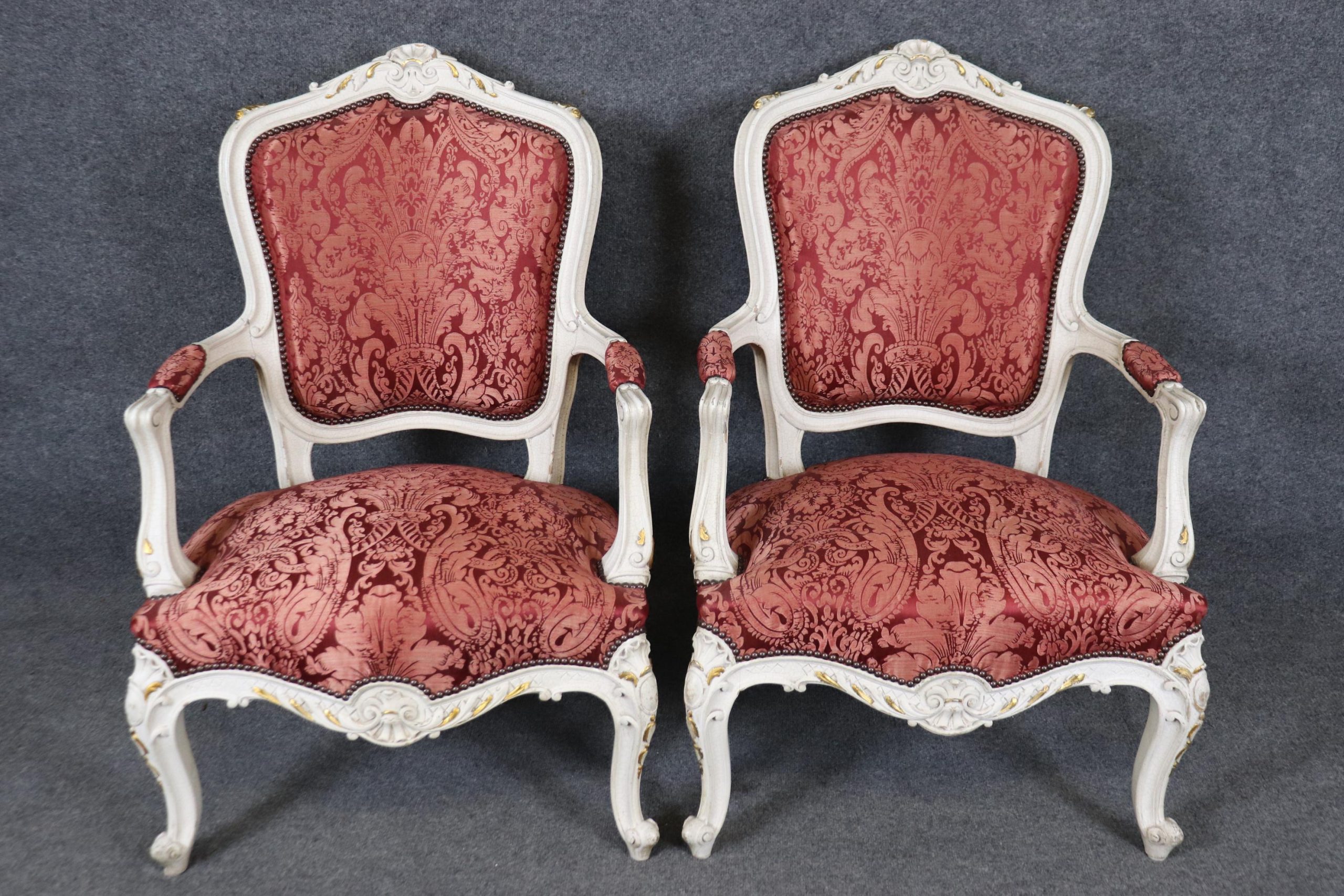 Vintage Louis XV Style Armchairs: Pair of Painted Red Silk Accent Chairs - Image 2
