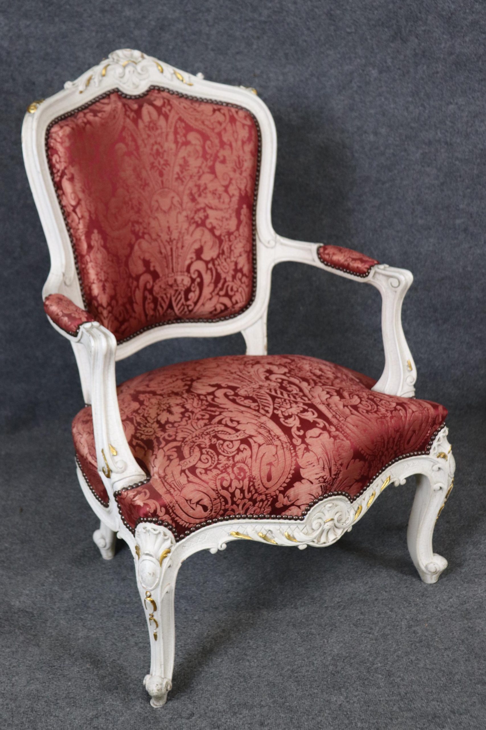 Vintage Louis XV Style Armchairs: Pair of Painted Red Silk Accent Chairs - Image 5