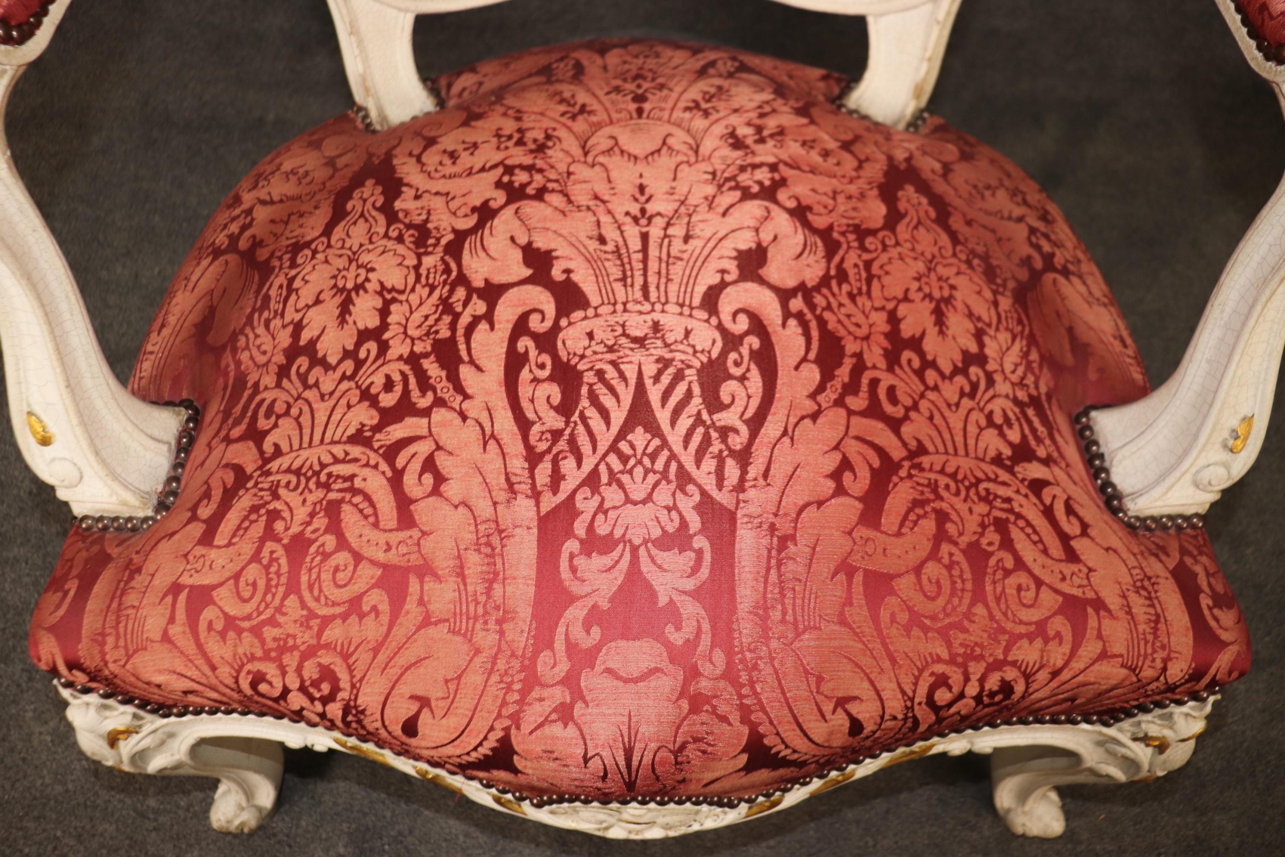 Vintage Louis XV Style Armchairs: Pair of Painted Red Silk Accent Chairs - Image 7