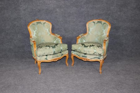 Vintage Blue Upholstered Bergere Chairs: Louis XV Style Pair