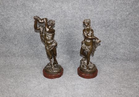 Vintage French Bronze Satyr and Lady Sculptures: Rouge Marble Bases