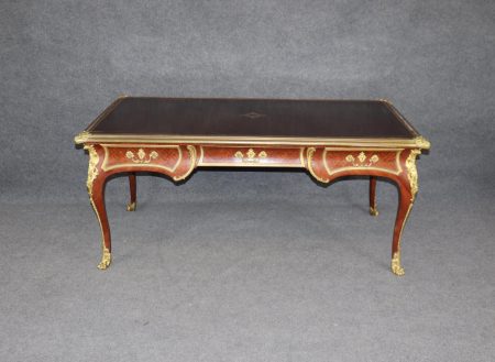 Antique French Louis XV Style Bureau Plat: Bronze Mounted Leather Top Desk