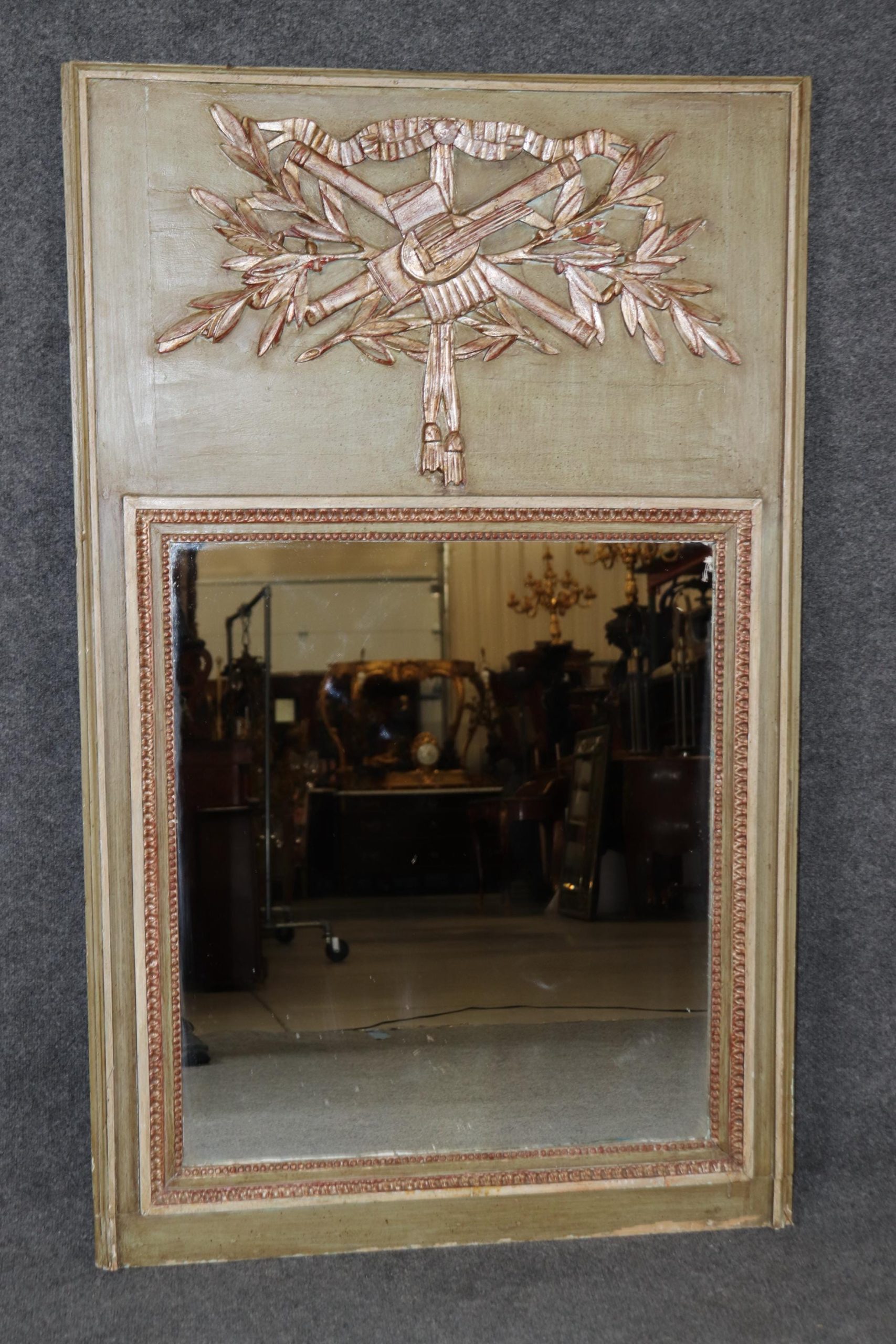 Antique Louis XVI Style Trumeau Mirror: Distressed Grayish-Green, Silver Gilt Accents - Image 2