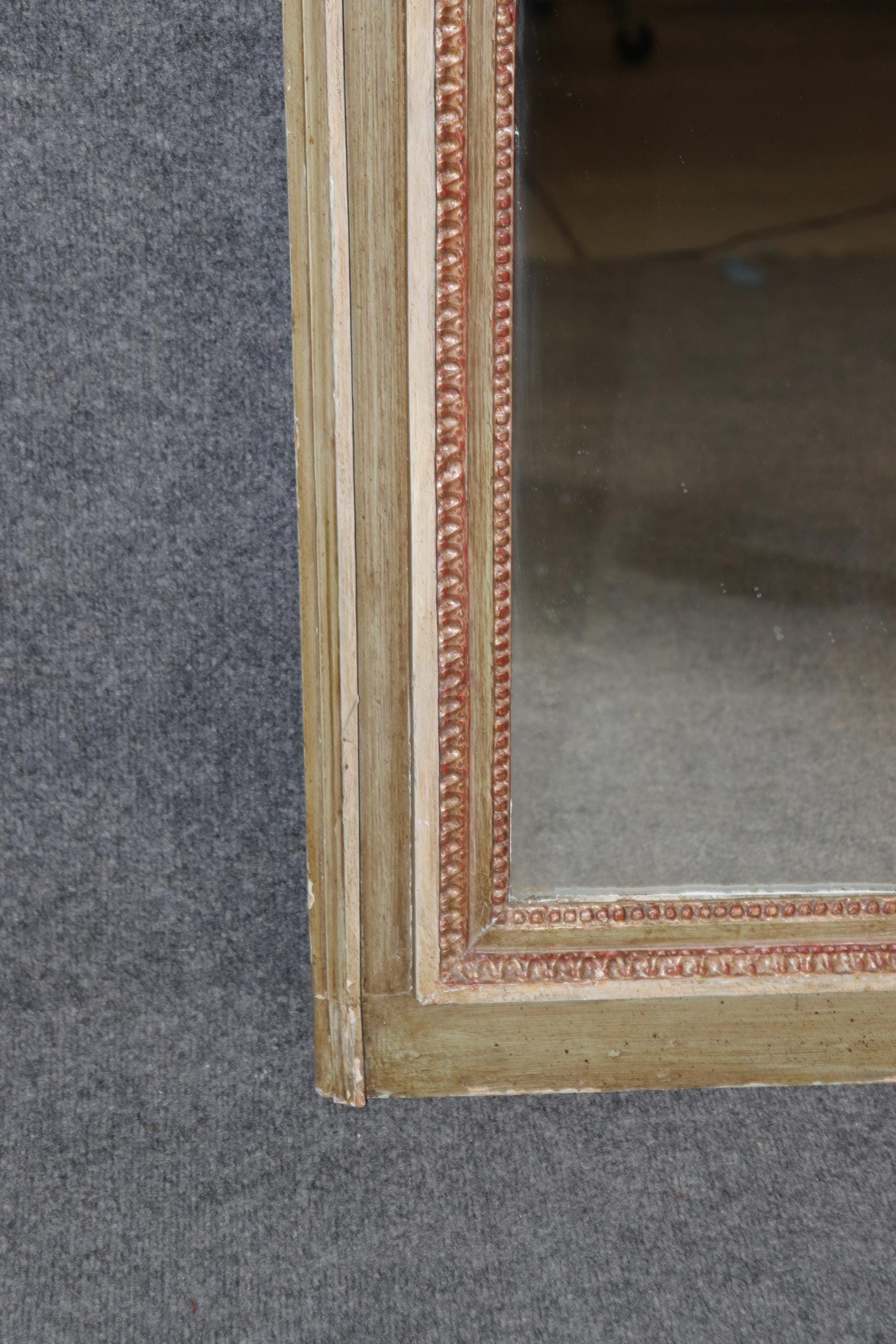 Antique Louis XVI Style Trumeau Mirror: Distressed Grayish-Green, Silver Gilt Accents - Image 7