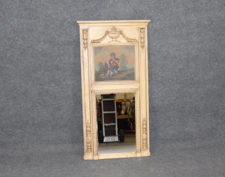 Antique Louis XVI Style Trumeau Mirror: Creme Painted, Inset Oil Painting