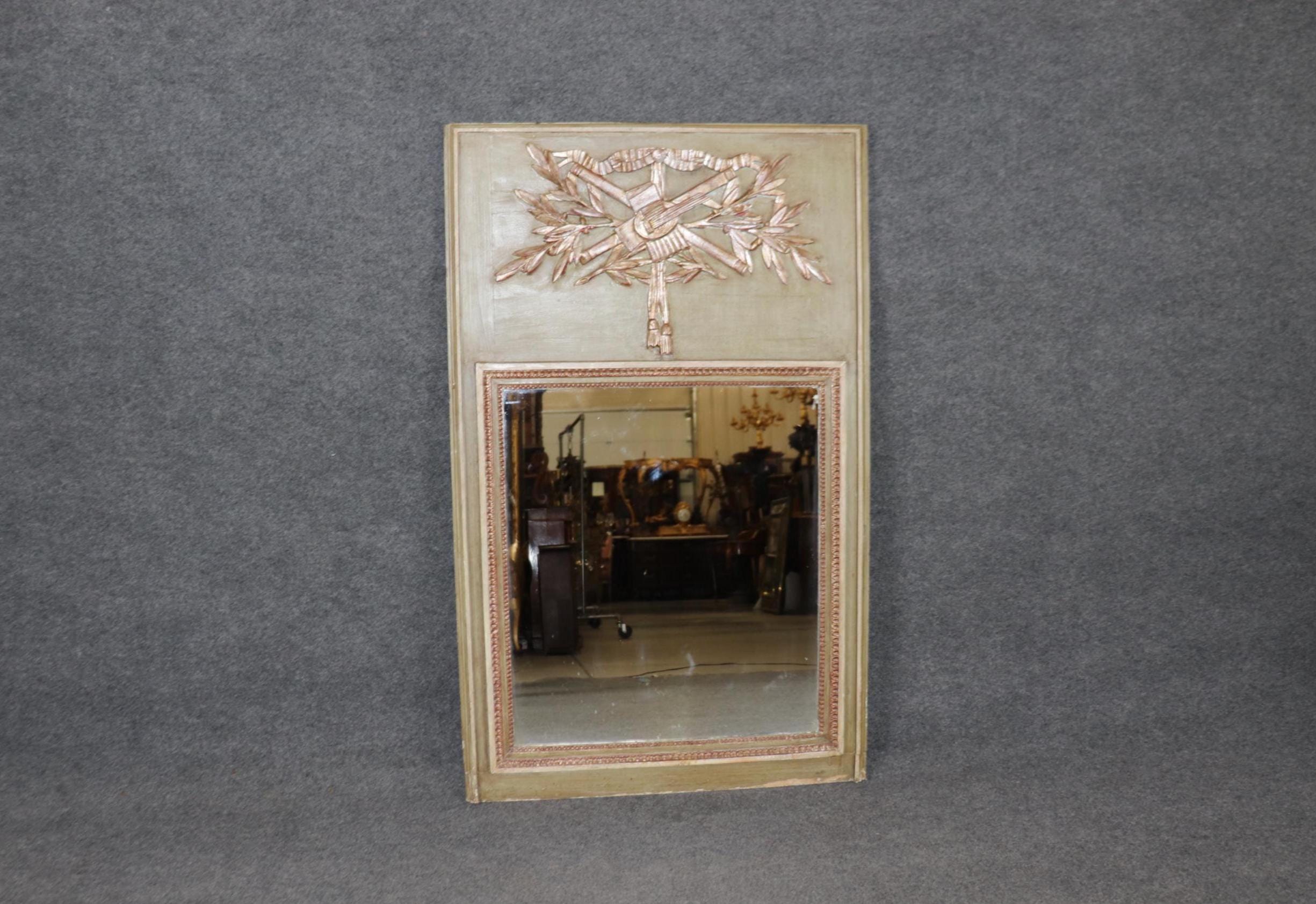 Antique Louis XVI Style Trumeau Mirror: Distressed Grayish-Green, Silver Gilt Accents