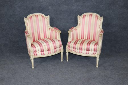 Vintage Louis XVI Style Bergere Chairs: Paint Decorated Accent Armchairs