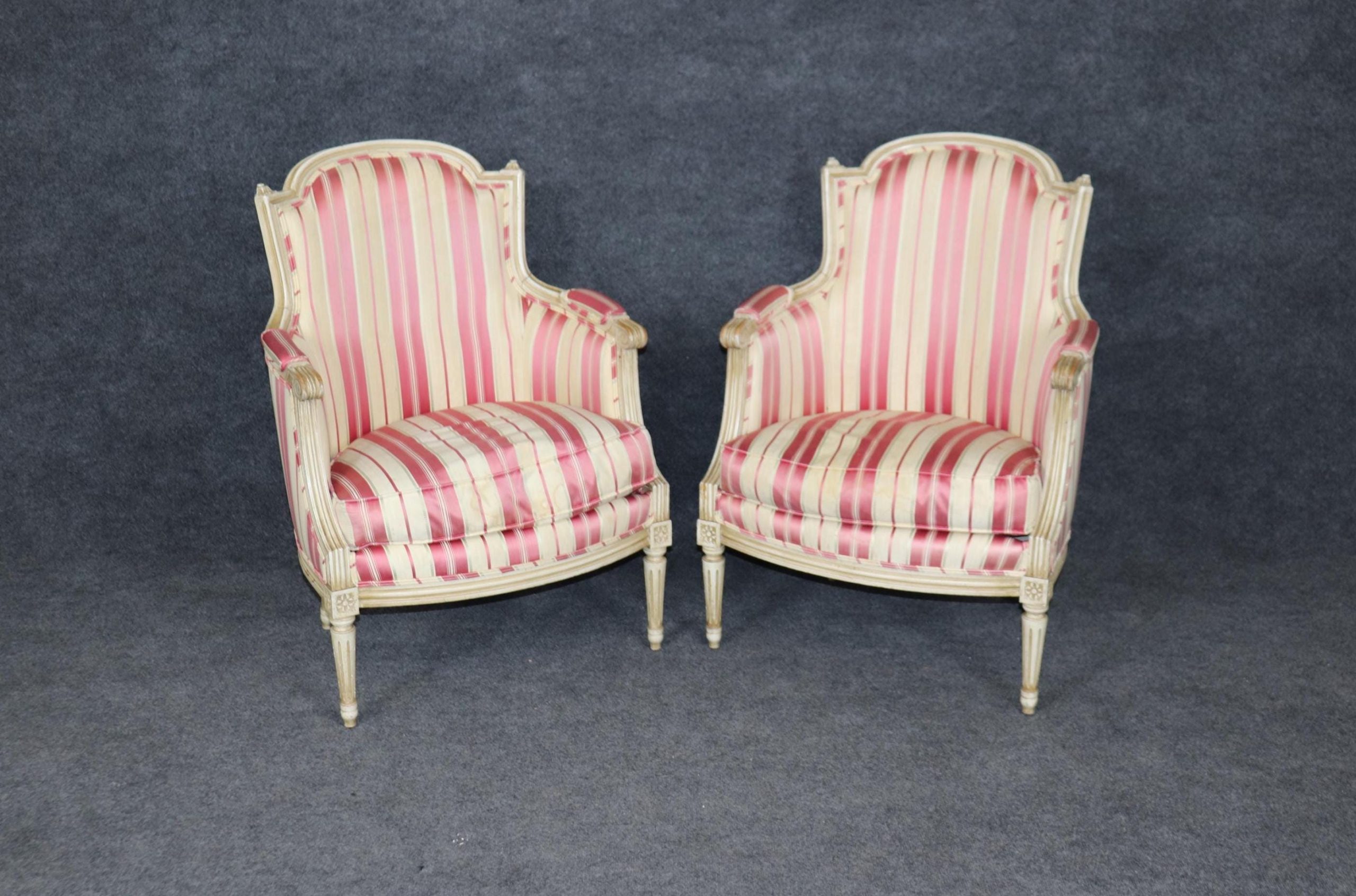 Vintage Louis XVI Style Bergere Chairs: Paint Decorated Accent Armchairs