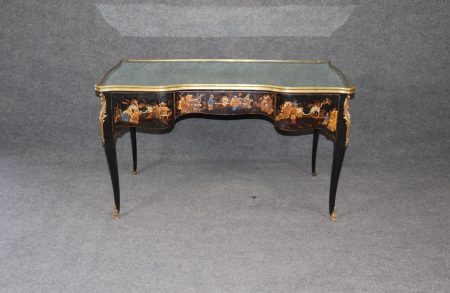 Antique Louis XV Style Chinoiserie Desk: Bronze Ormolu, Mirrored Top