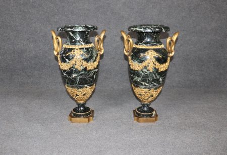 Antique French Empire Bronze Ormolu Verdi Green Marble Cassolettes Urns