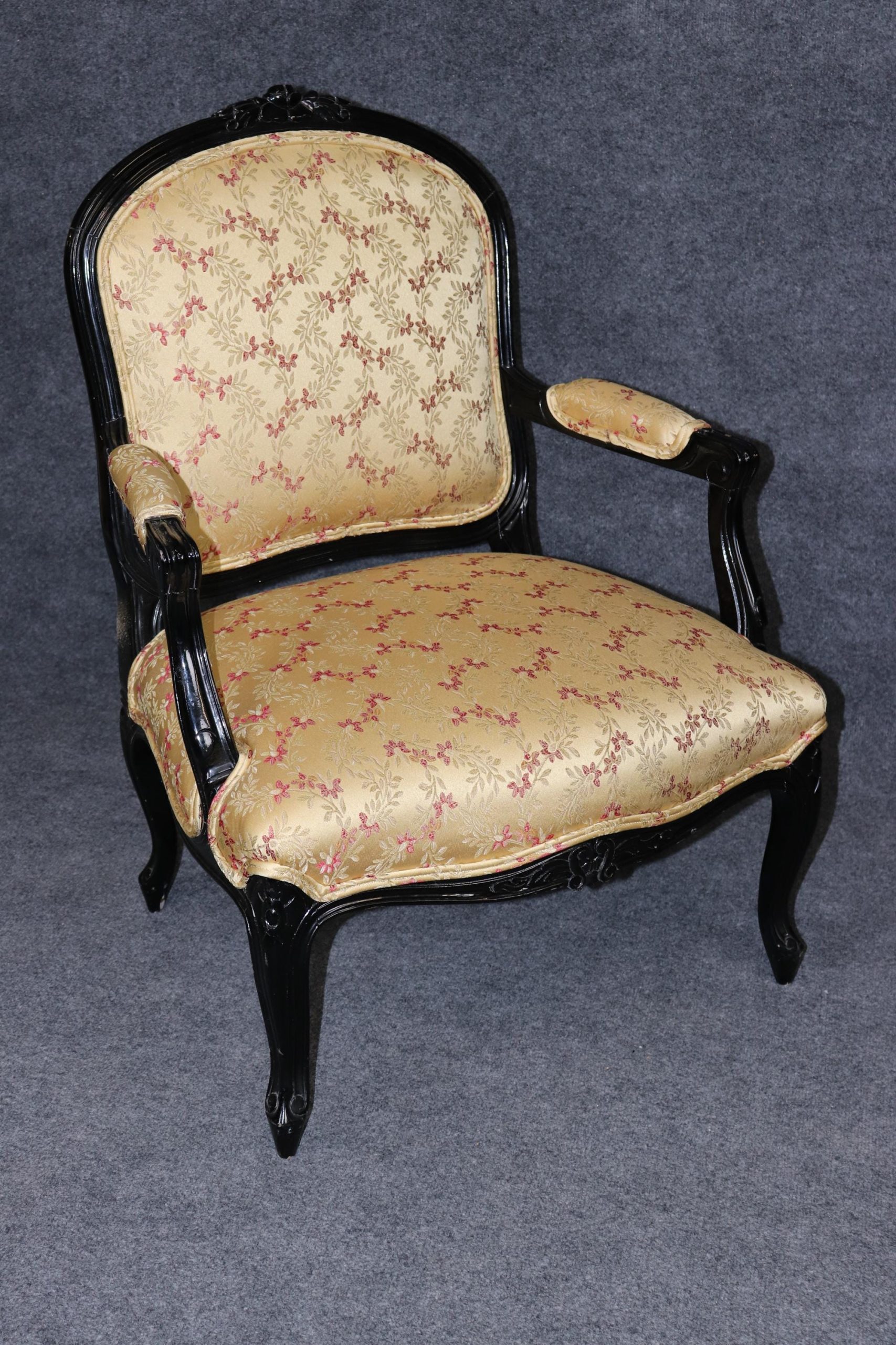 Vintage Louis XV Style Armchairs: Ebonized Black Lacquer, Upholstered Pair - Image 6