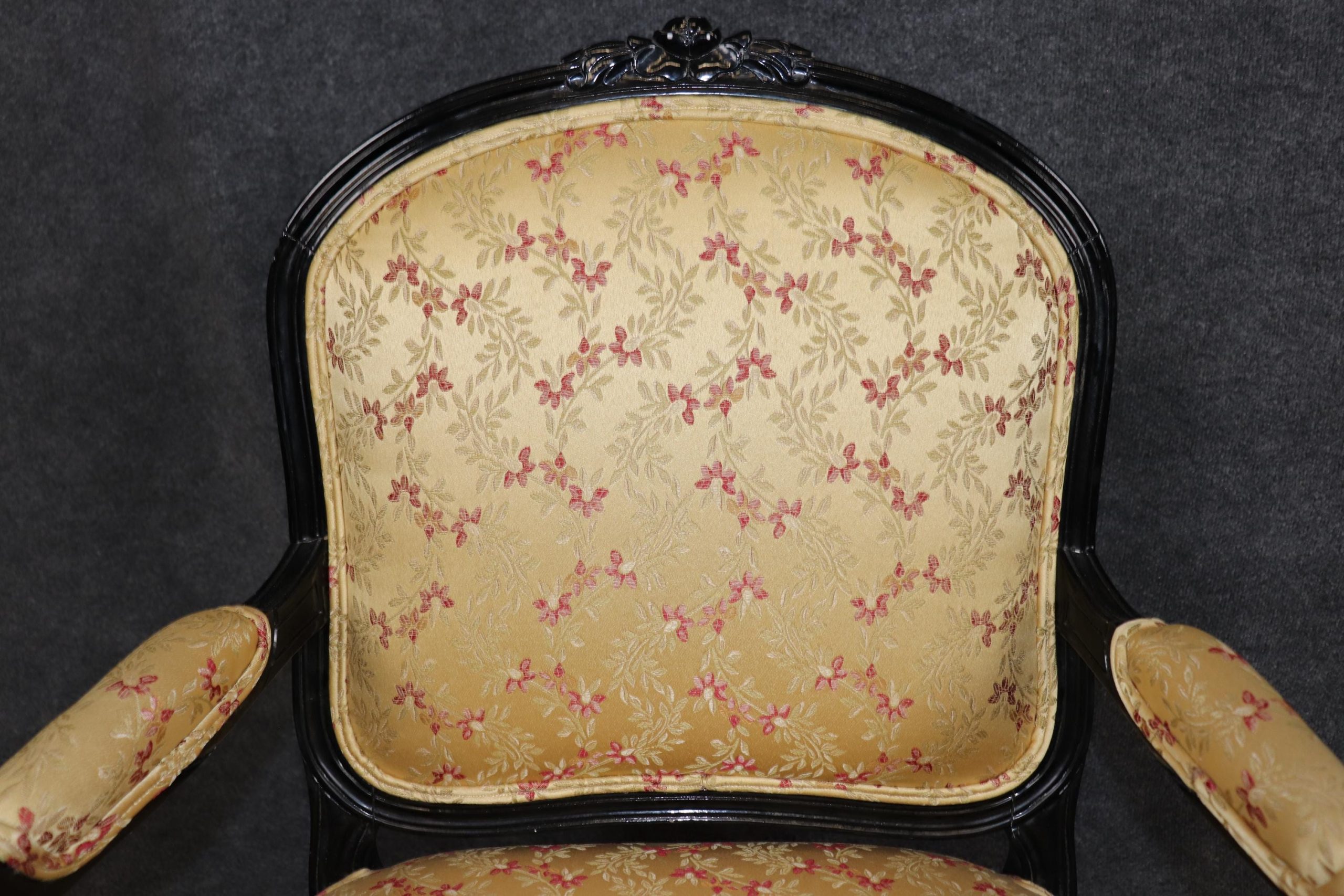 Vintage Louis XV Style Armchairs: Ebonized Black Lacquer, Upholstered Pair - Image 8