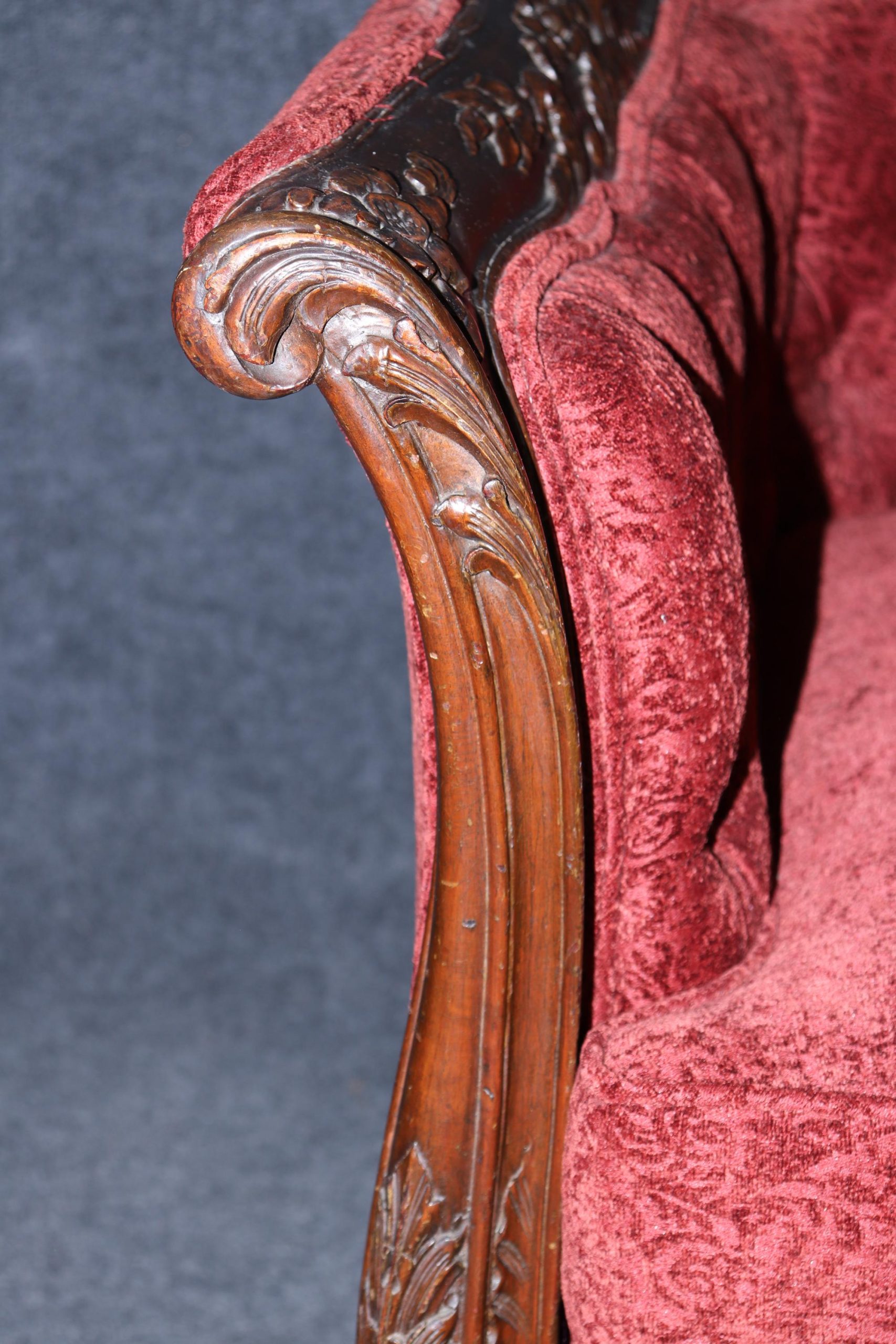 Vintage Carved Country French Red Upholstered Club Chair - Image 5