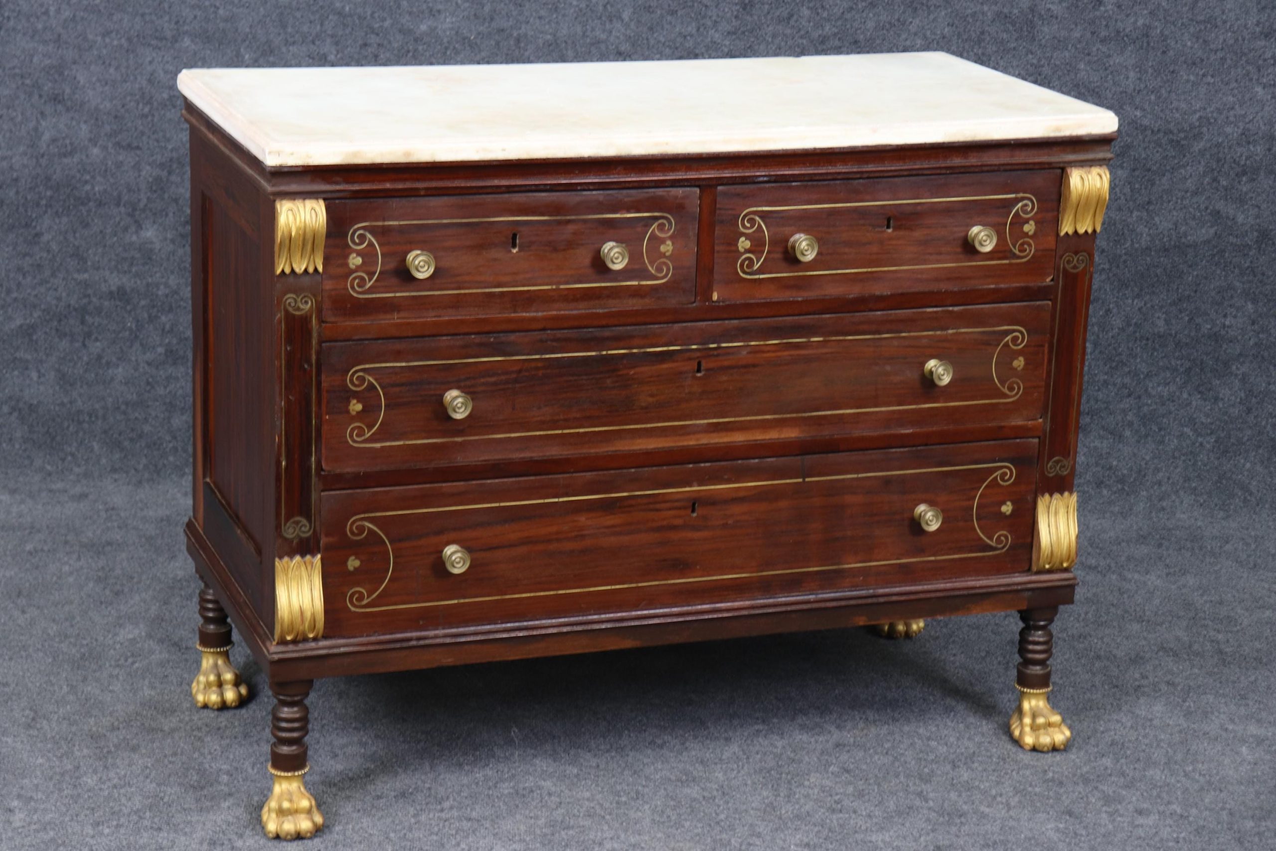 Antique Empire Style Marble Top Commode: Gilt Metal Inlay, Paw Feet - Image 2