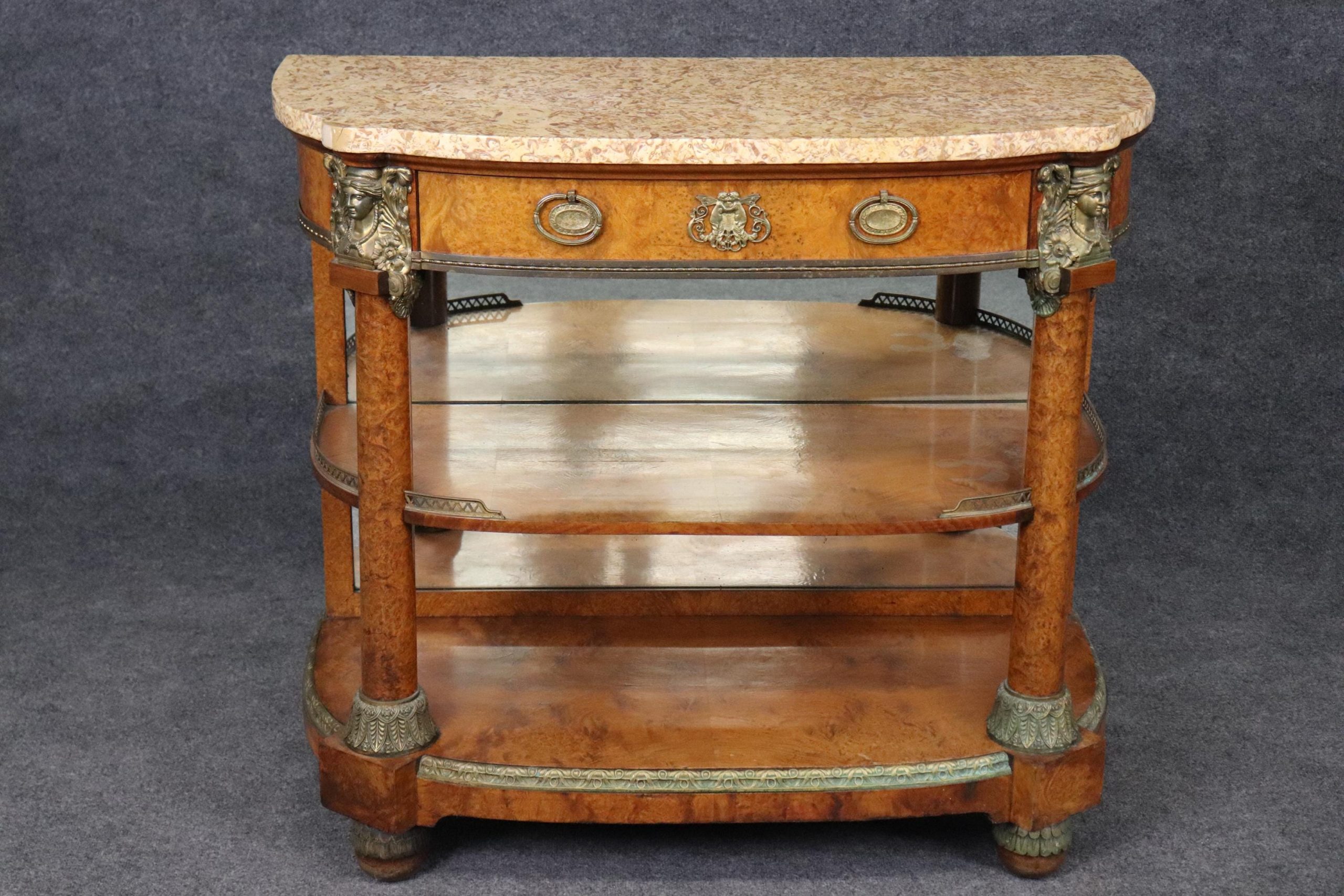 Antique Burled Walnut Server: Marble Top Bronze Mounted Console - Image 2