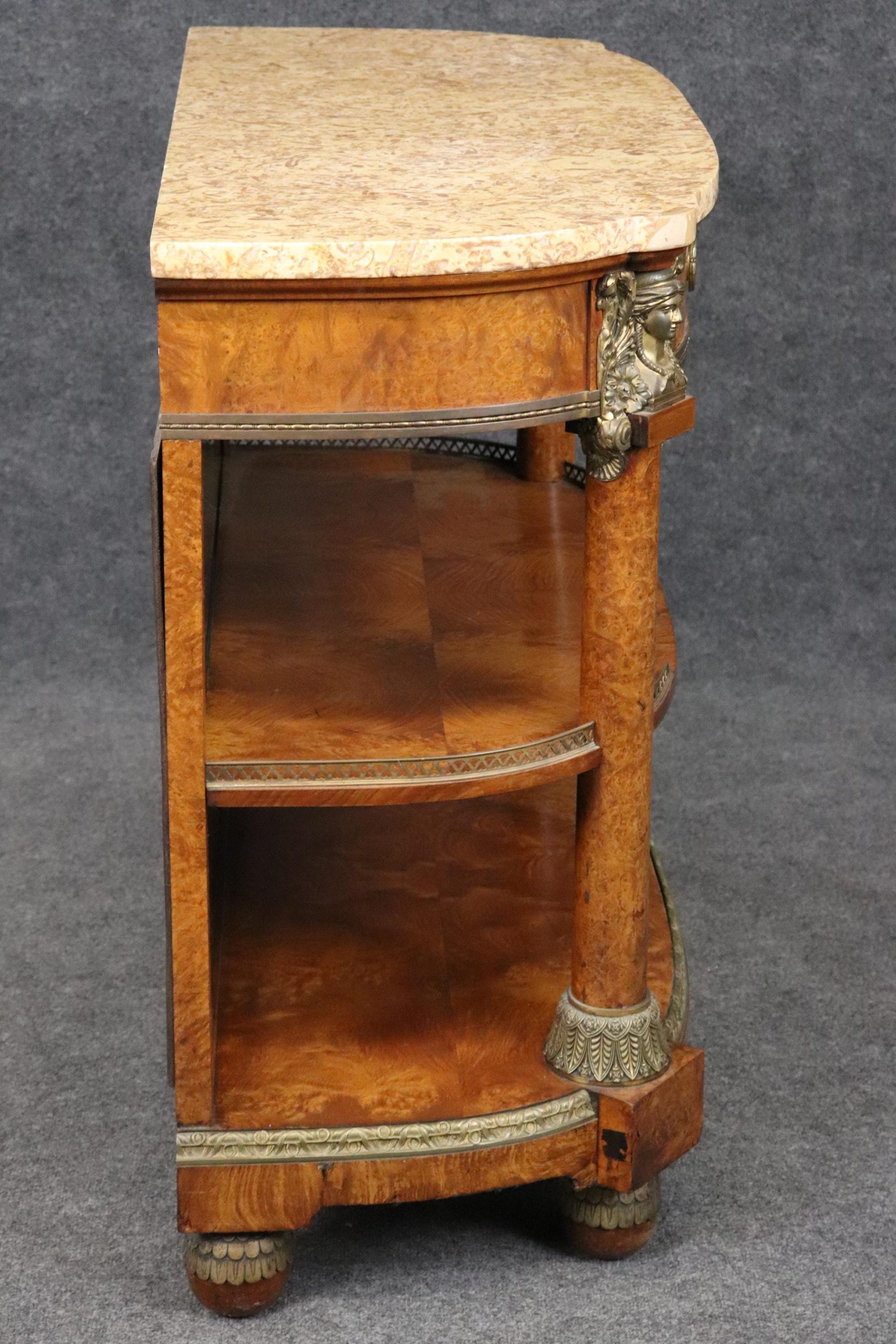 Antique Burled Walnut Server: Marble Top Bronze Mounted Console - Image 3